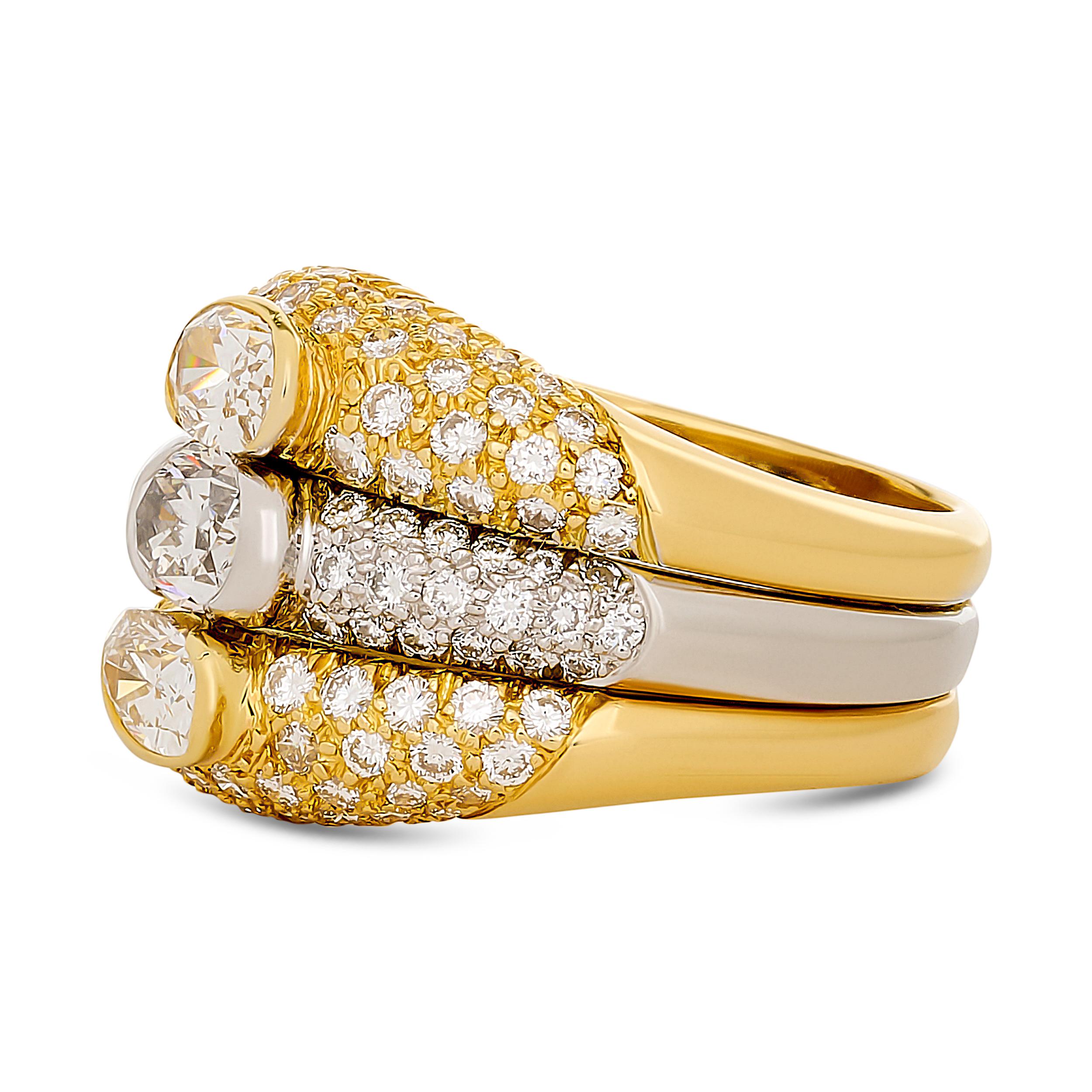 Anillo Harry Winston de 18 quilates y platino con pavé de 3 filas de diamantes y engastado en bisel en Excelente estado para la venta en Philadelphia, PA