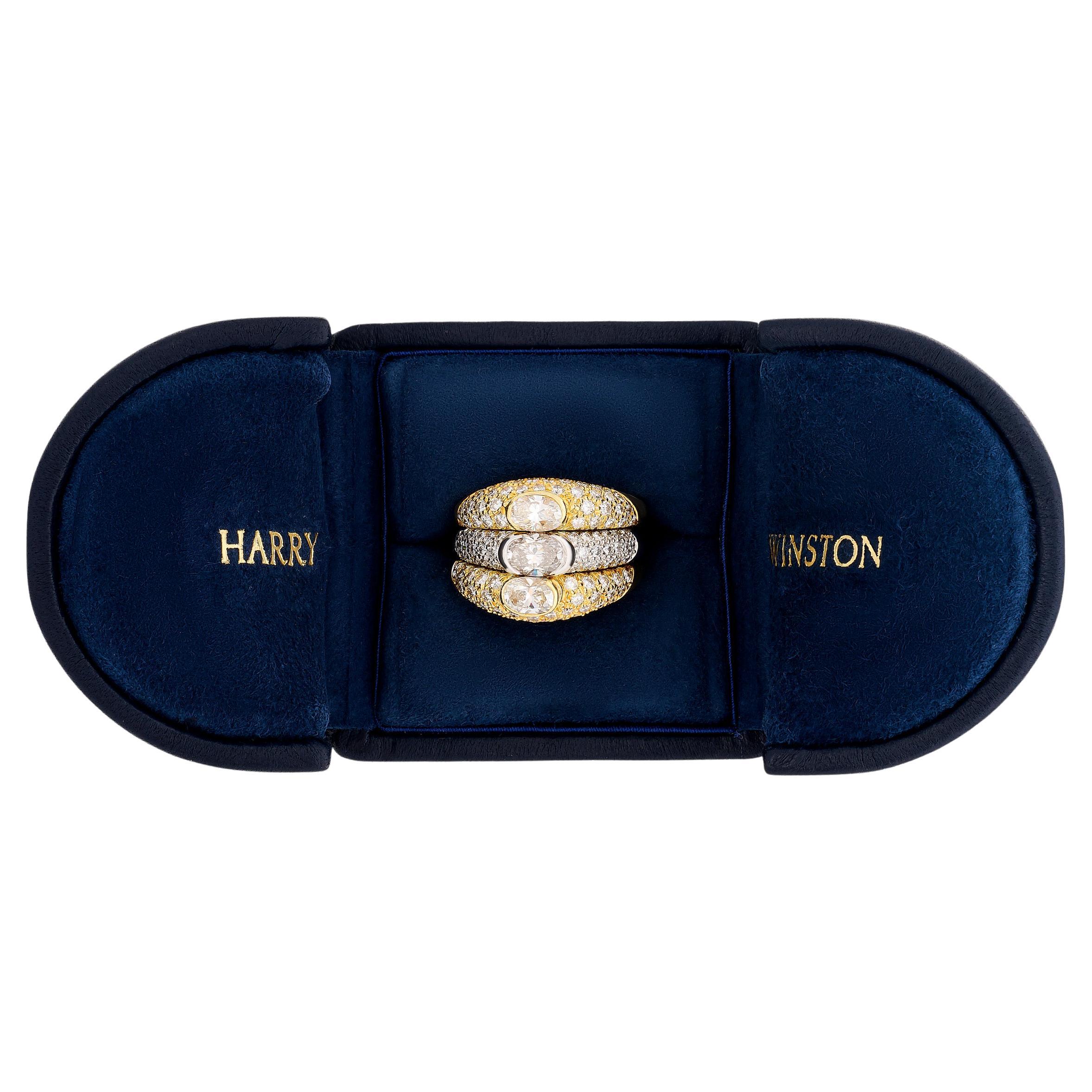 Anillo Harry Winston de 18 quilates y platino con pavé de 3 filas de diamantes y engastado en bisel en venta