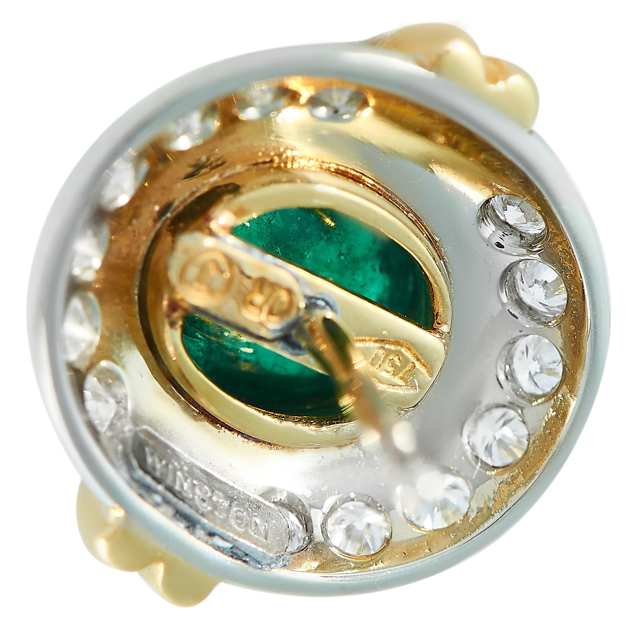 Round Cut Harry Winston 18 Karat Yellow Gold 0.40 Carat Diamond and Emerald Stud Earrings