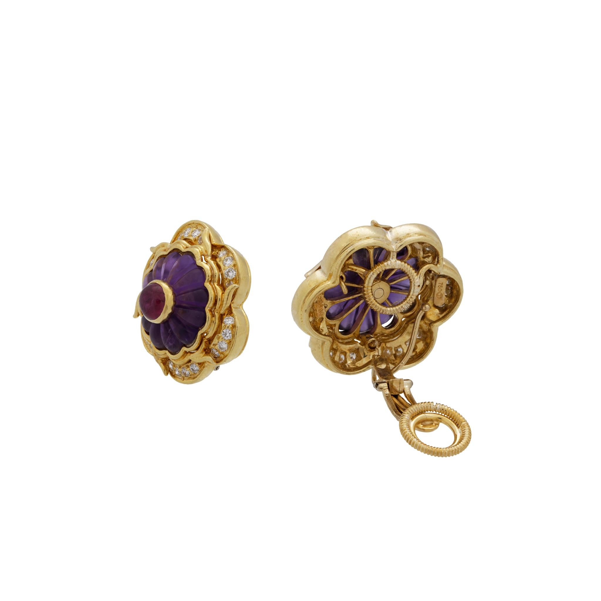 Harry Winston 18 Karat Yellow Gold Amethyst, Ruby and Diamond Vintage Earrings In New Condition In New York, NY