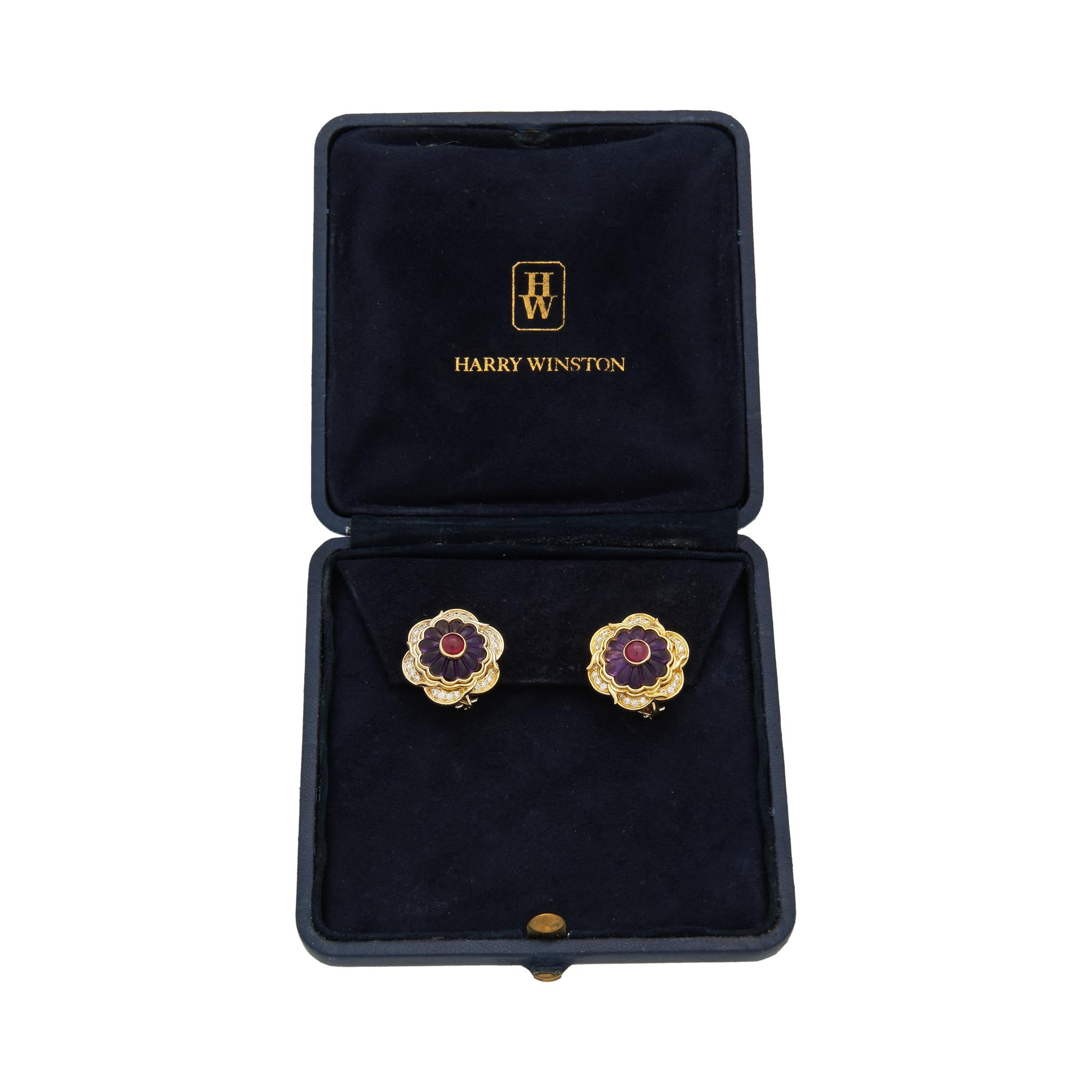 Harry Winston 18 Karat Yellow Gold Amethyst, Ruby and Diamond Vintage Earrings 1