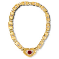 Harry Winston 18K Gold Diamond Cabochon Burma Ruby Heart Pendant Choker Necklace