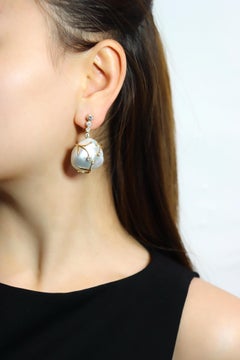 Harry Winston 18K Gold Large Baroque Pearl Diamond Earrings