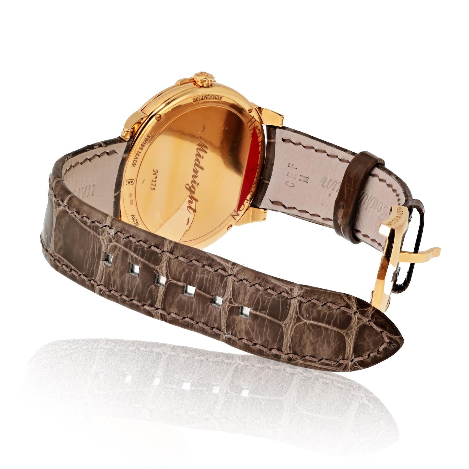 Modern Harry Winston 18K Rose Gold Midnight Champagne Sunray Dial Watch For Sale