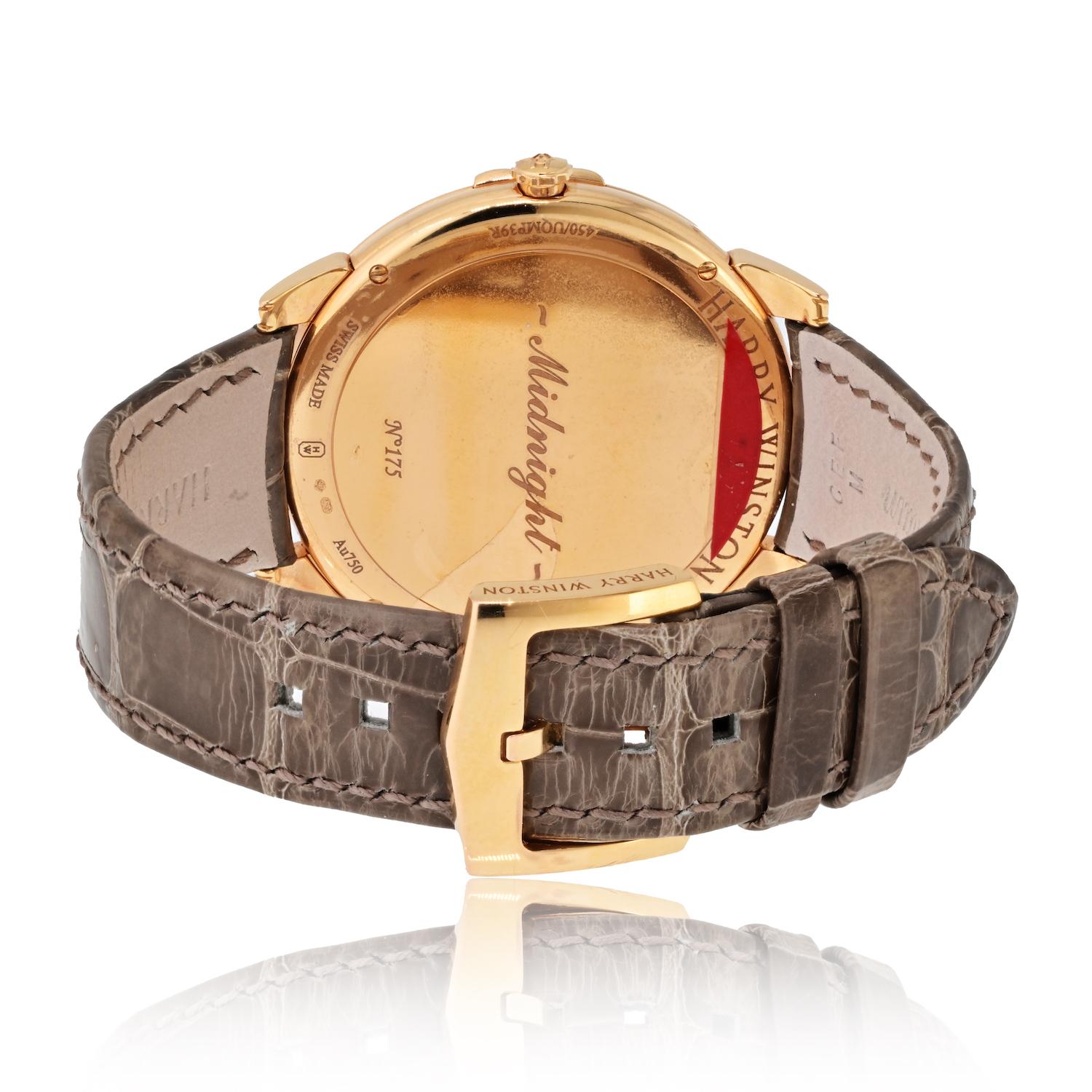 Round Cut Harry Winston 18K Rose Gold Midnight Champagne Sunray Dial Watch For Sale