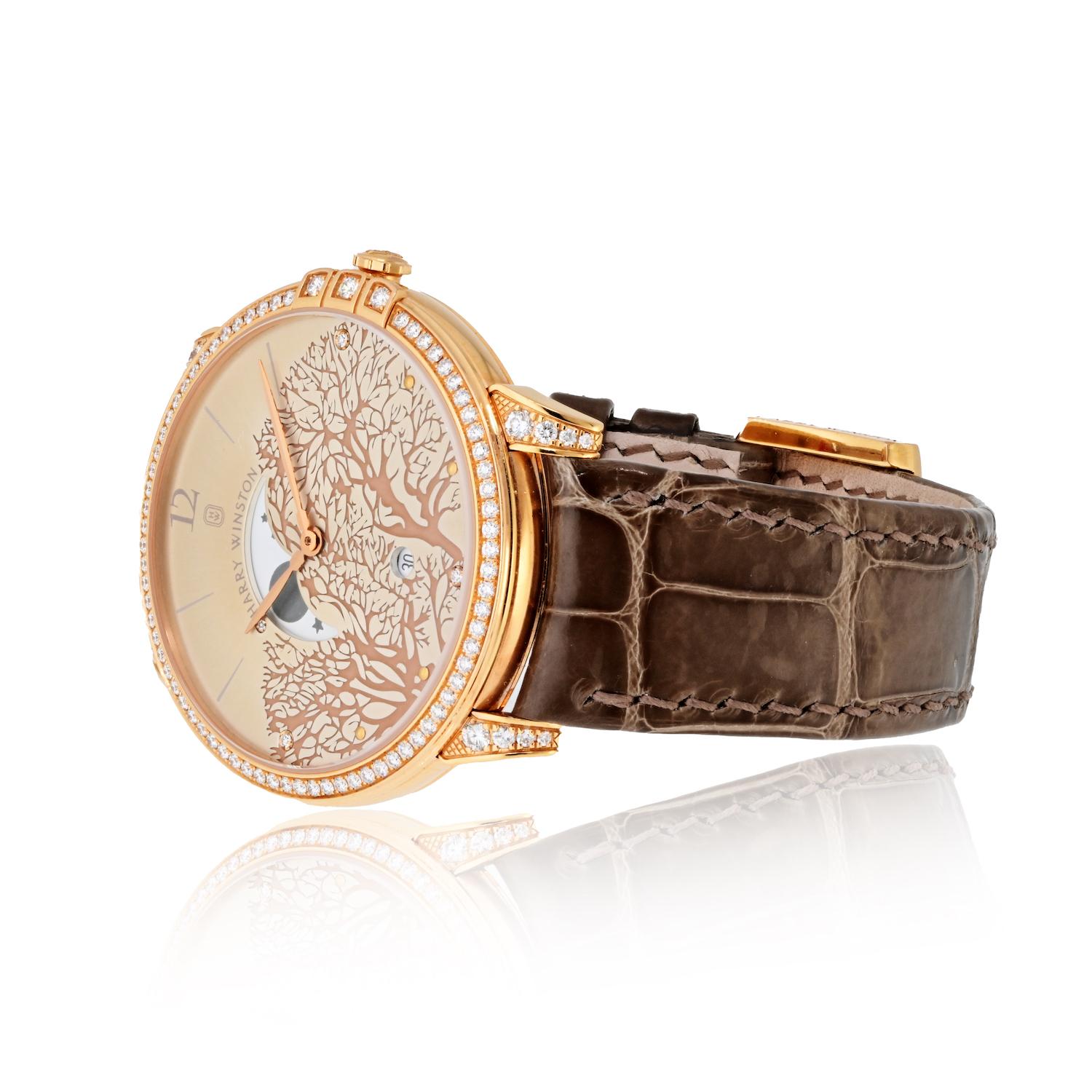 Harry Winston 18K Rose Gold Midnight Champagne Sunray Dial Watch In Excellent Condition For Sale In New York, NY
