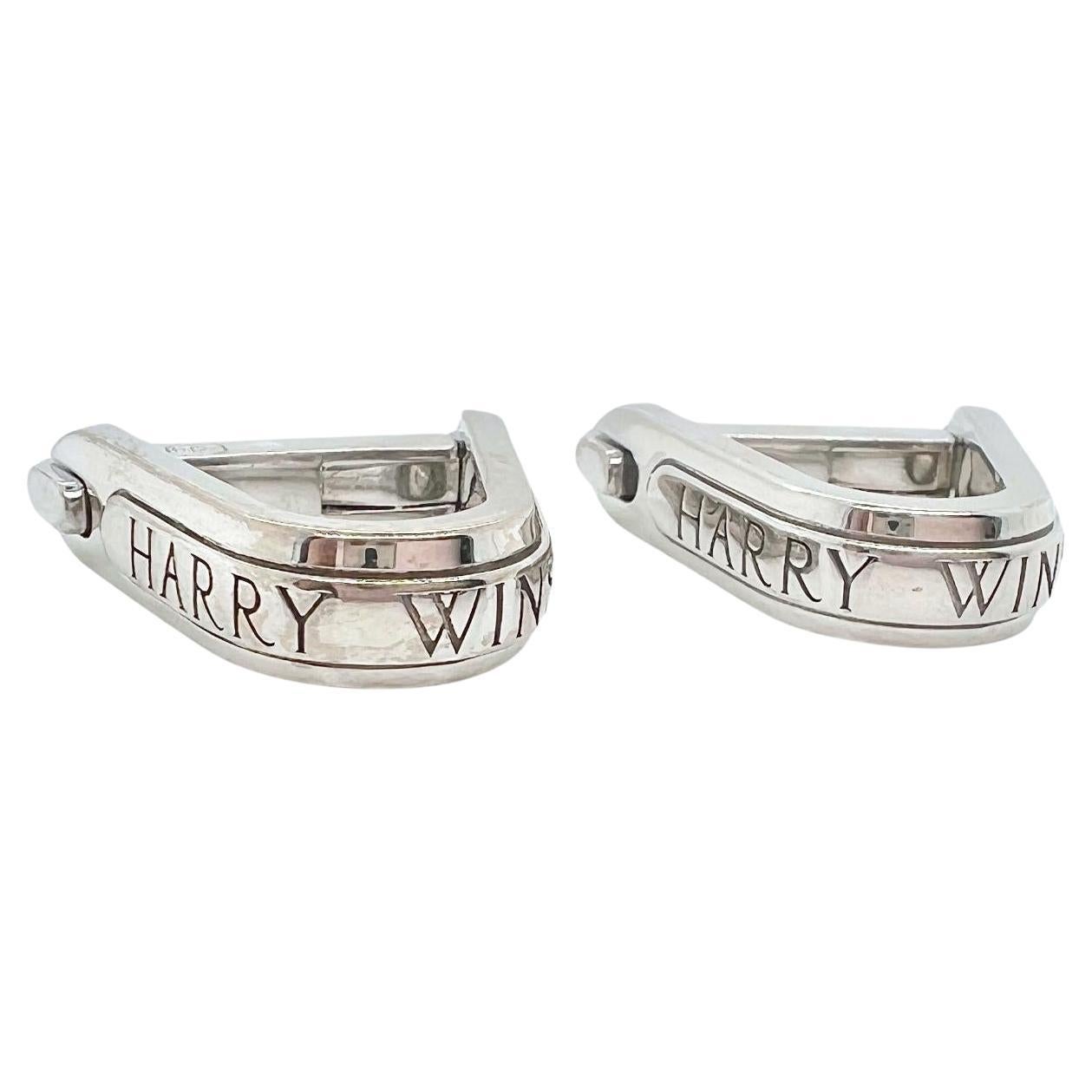 Harry Winston 18k White Gold Signature Engraved Cufflinks