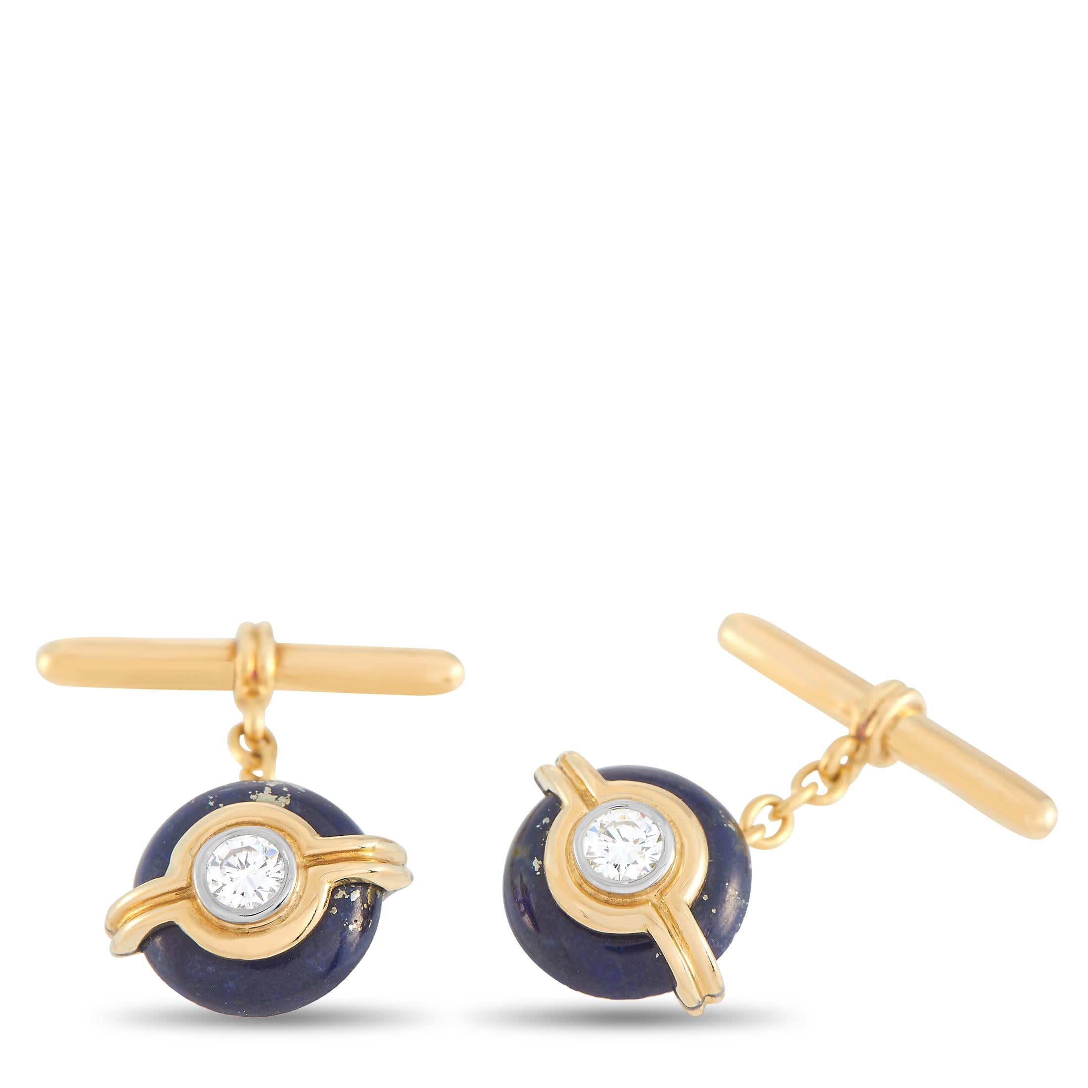 Harry Winston 18 Karat Yellow Gold 0.40 Carat Diamond and Lapis Cufflinks In Excellent Condition In Southampton, PA