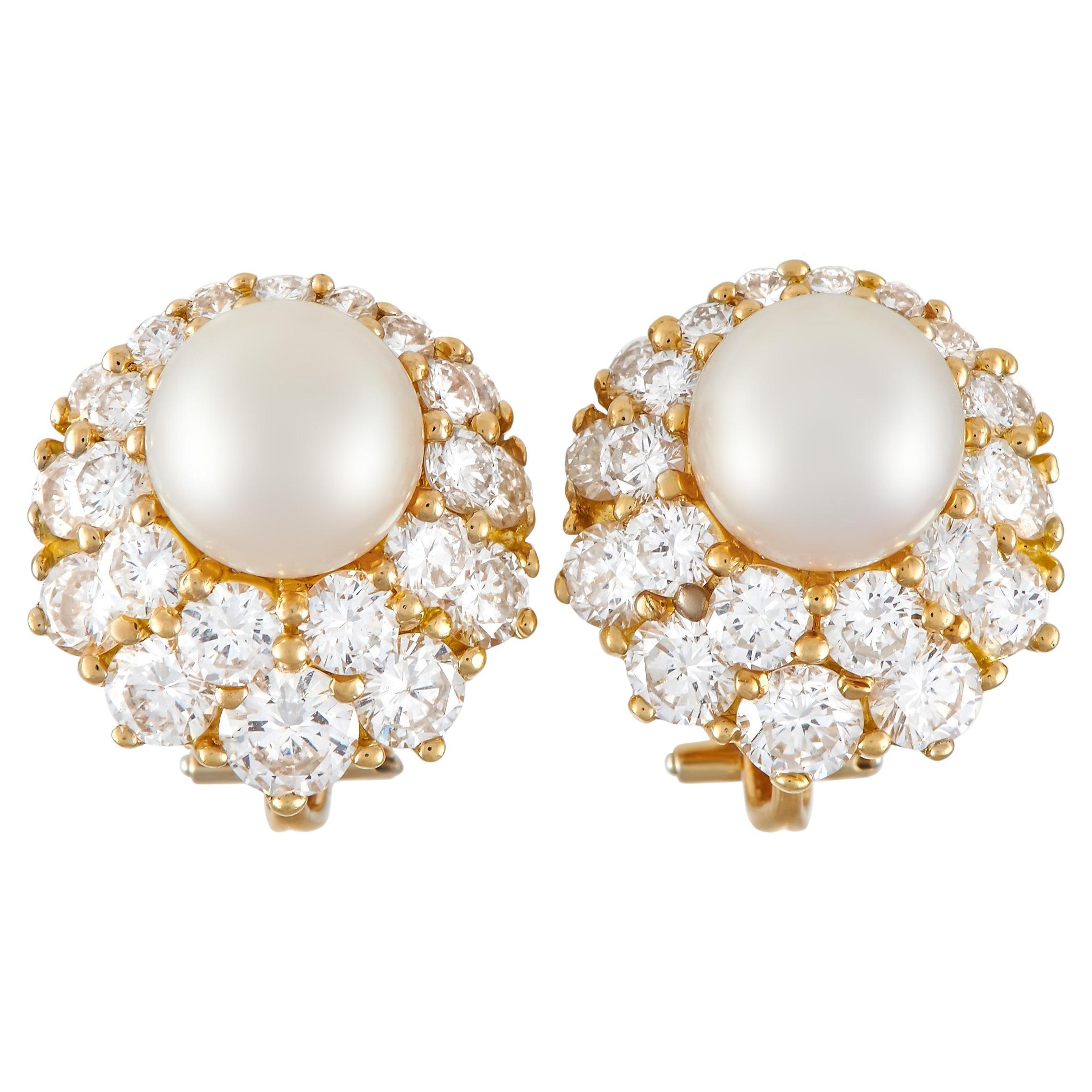 Harry Winston 18K Yellow Gold 3.70 Ct Diamond and Pearl Earrings