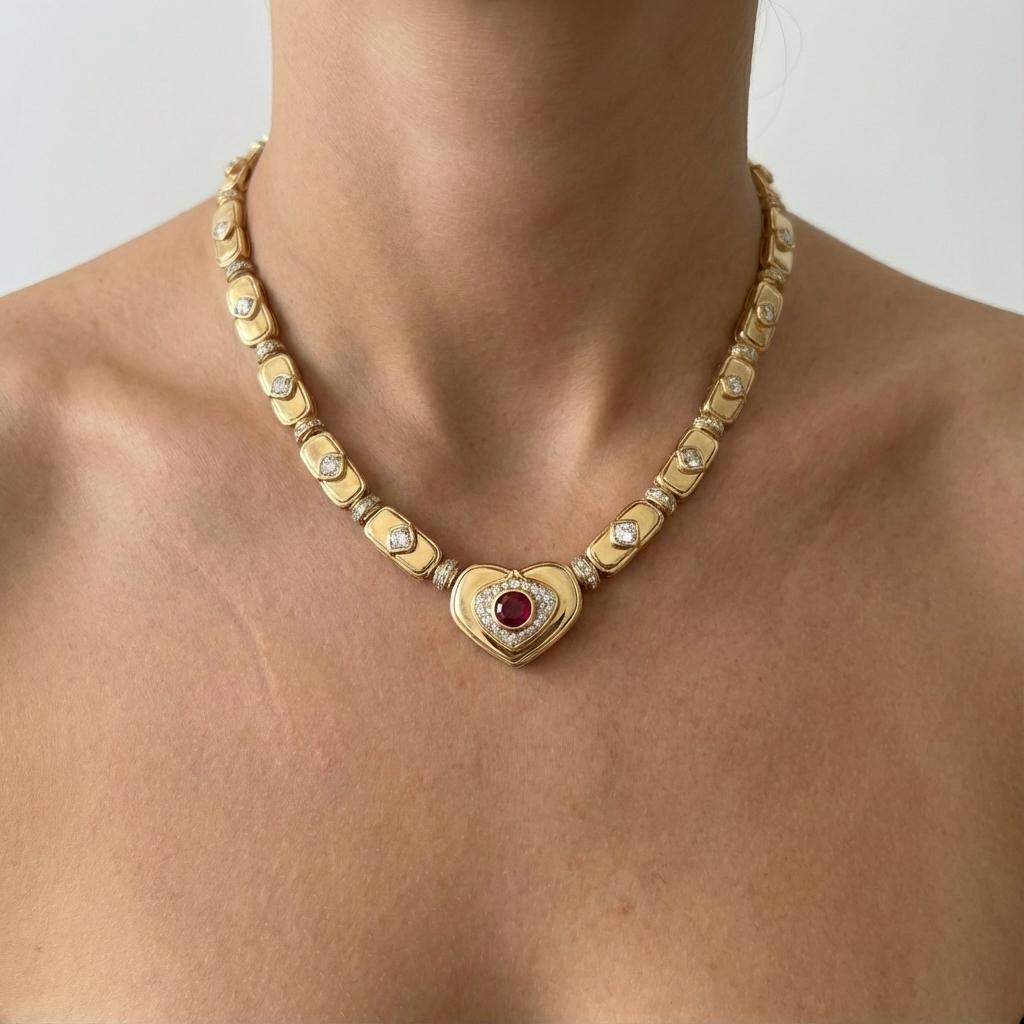 Harry Winston - Collier en or jaune 18 carats, rubis de Birmanie et diamants

Une création exceptionnelle et rare de Harry Winston, réalisée en or jaune 18 carats et sertie d'un magnifique rubis birman et d'un opulent éventail de diamants. Le rubis