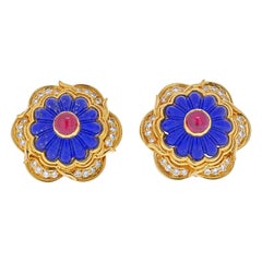 Vintage Harry Winston 18k Yellow Gold Lapis, Ruby, Diamond Earrings