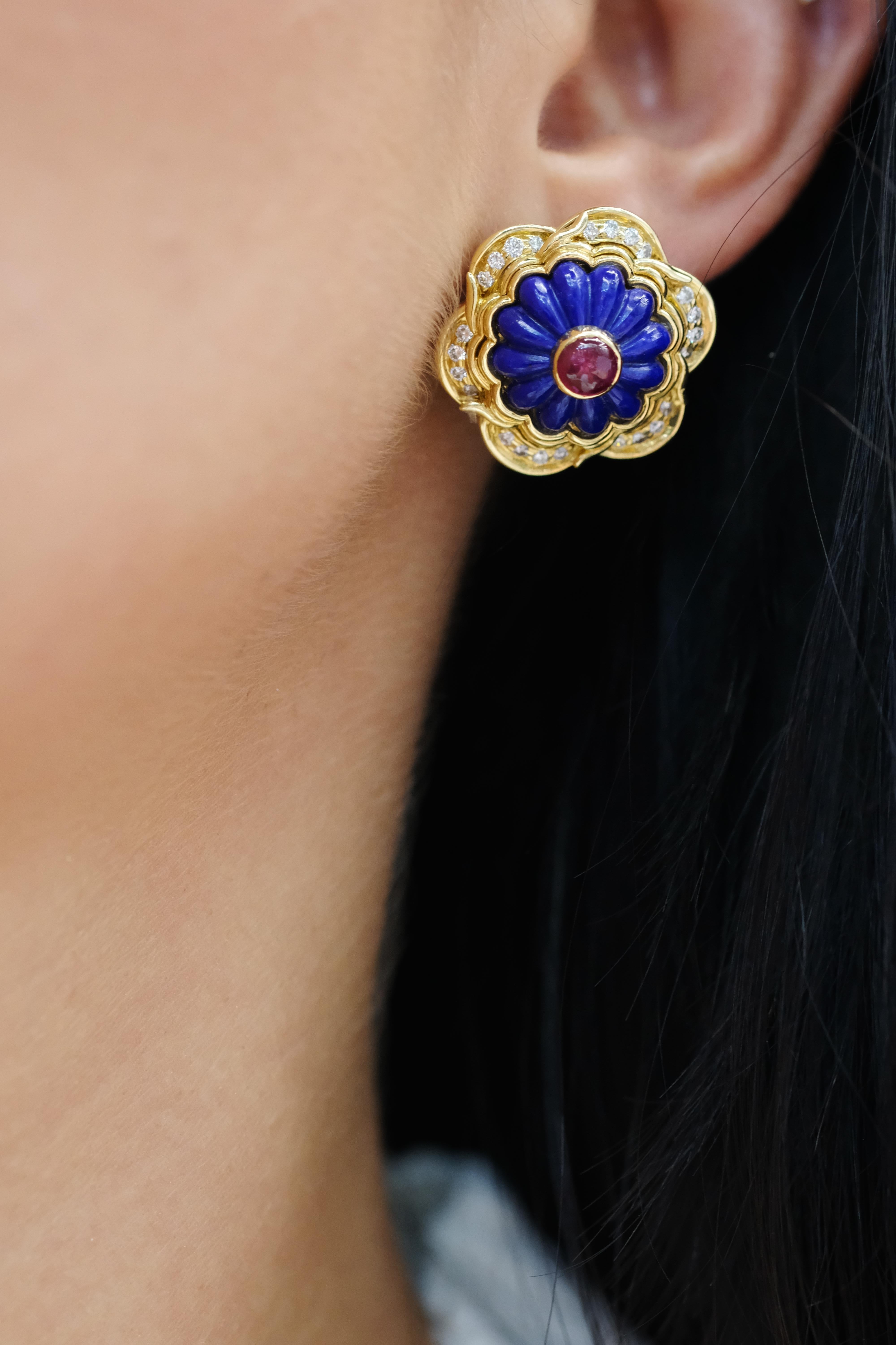 Women's Harry Winston 18k Yellow Gold Lapis, Ruby, Diamond Earrings For Sale