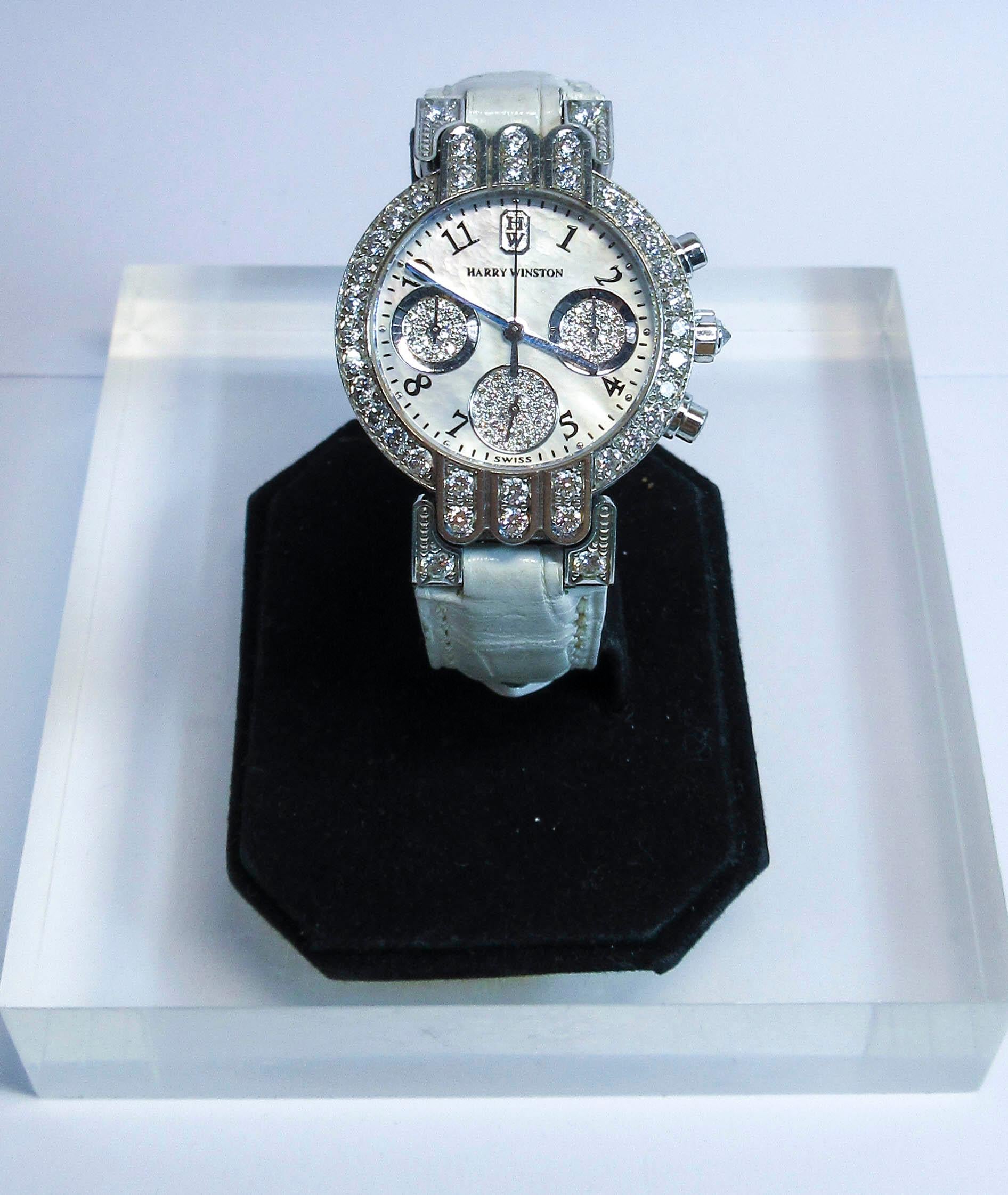 Harry Winston 18 Karat White Gold and Pavé Diamond Watch, Exotic Alligator Band 5