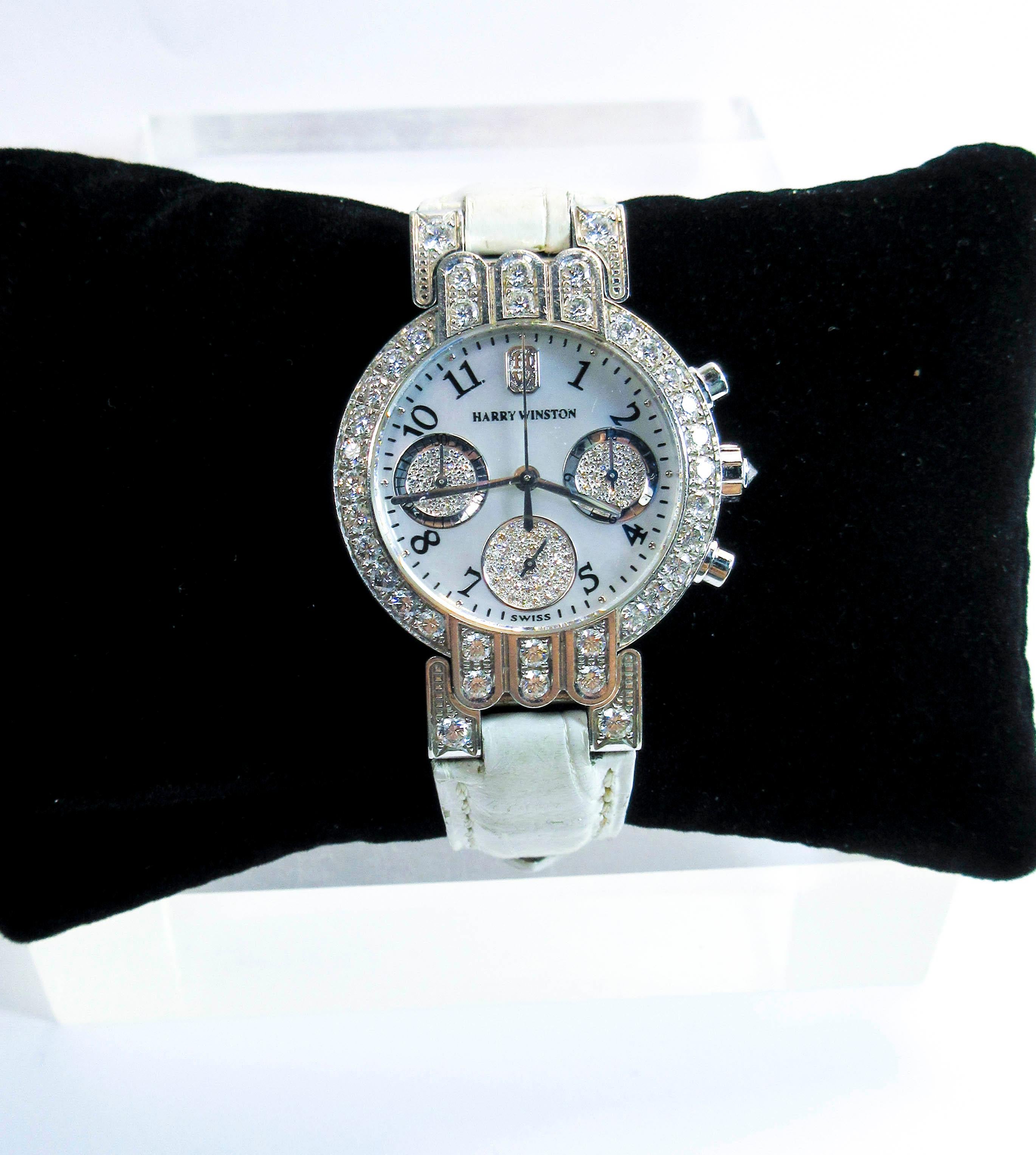 Harry Winston 18 Karat White Gold and Pavé Diamond Watch, Exotic Alligator Band In Good Condition In Los Angeles, CA