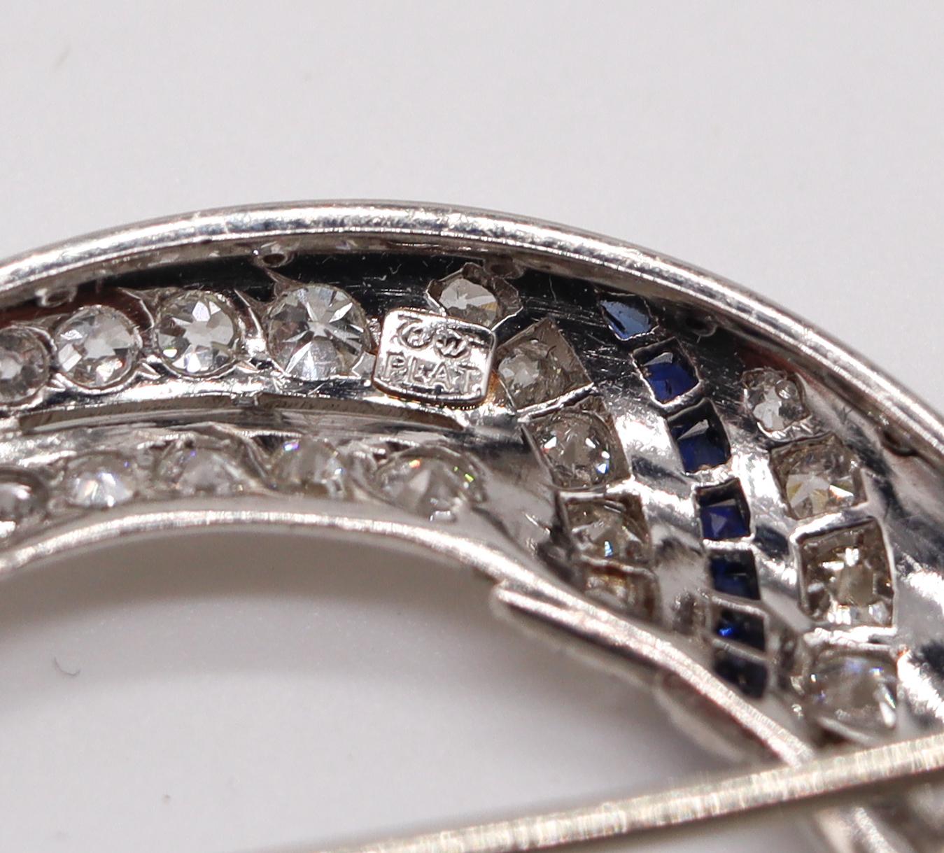 Old European Cut Hayden W. Wheeler 1930 Deco Brooch Platinum with 4.33 Cts Diamonds & Sapphires For Sale