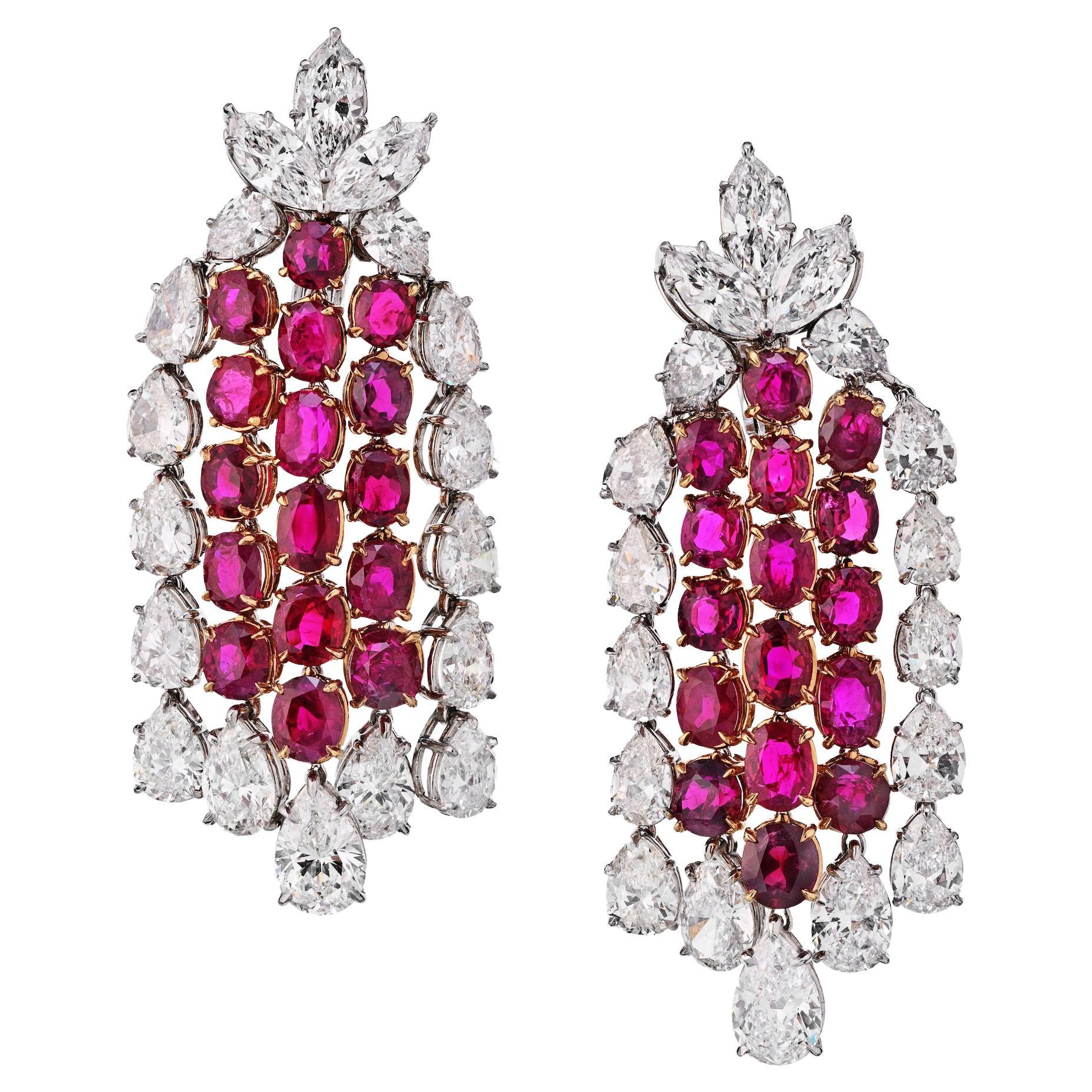 Boucles d'oreilles en goutte classiques en diamants et rubis