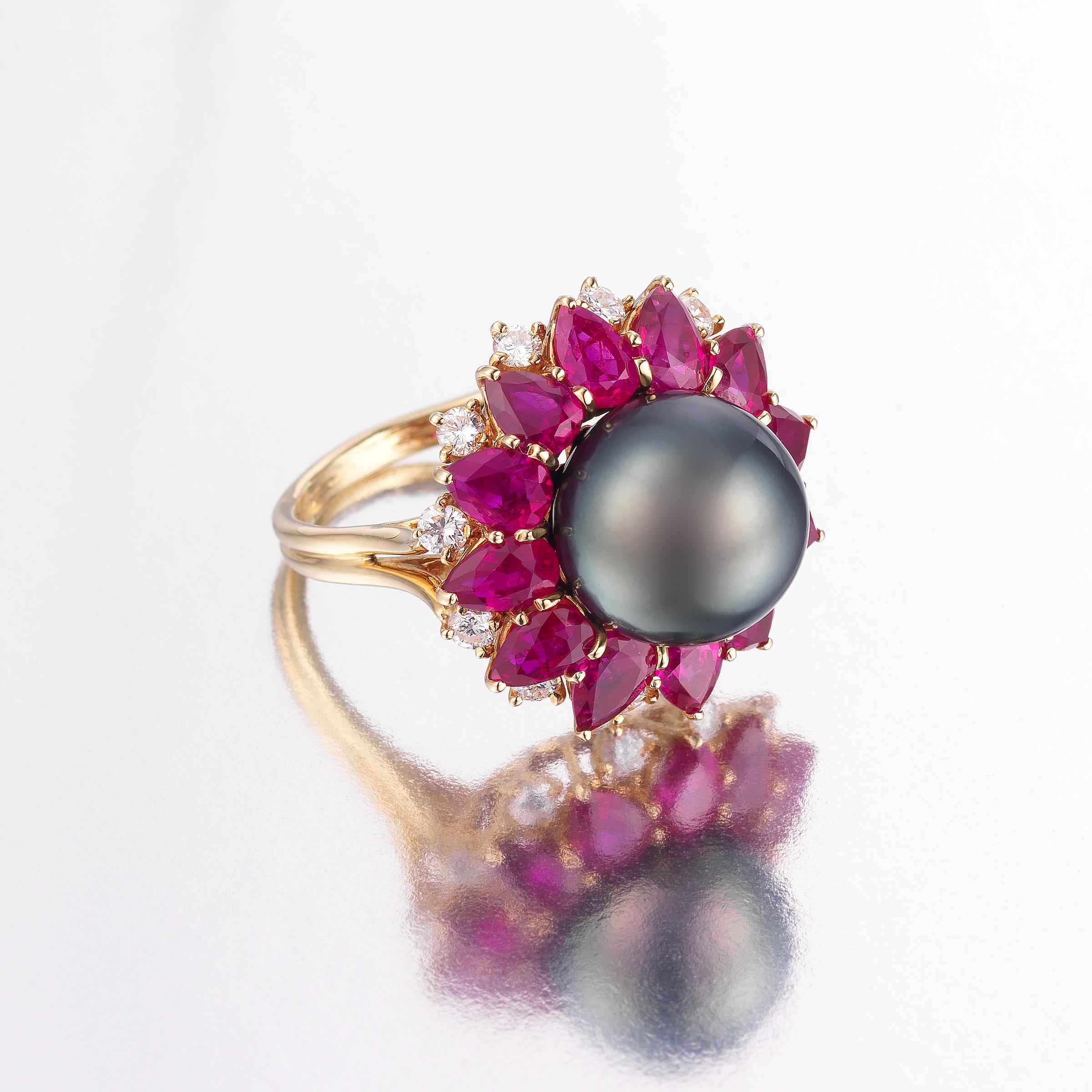 Splendid one-of-a-kind Harry Winston ring radiating 1970s glamour and showcasing approximately 5 carats of vividly-hued rubies and 1 carat of fine white diamonds, along with an eye-catching black Tahitian pearl that completes a bold and striking