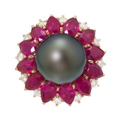 Harry Winston 1970s Diamond Ruby Tahitian Black Pearl Ring in 18K Gold
