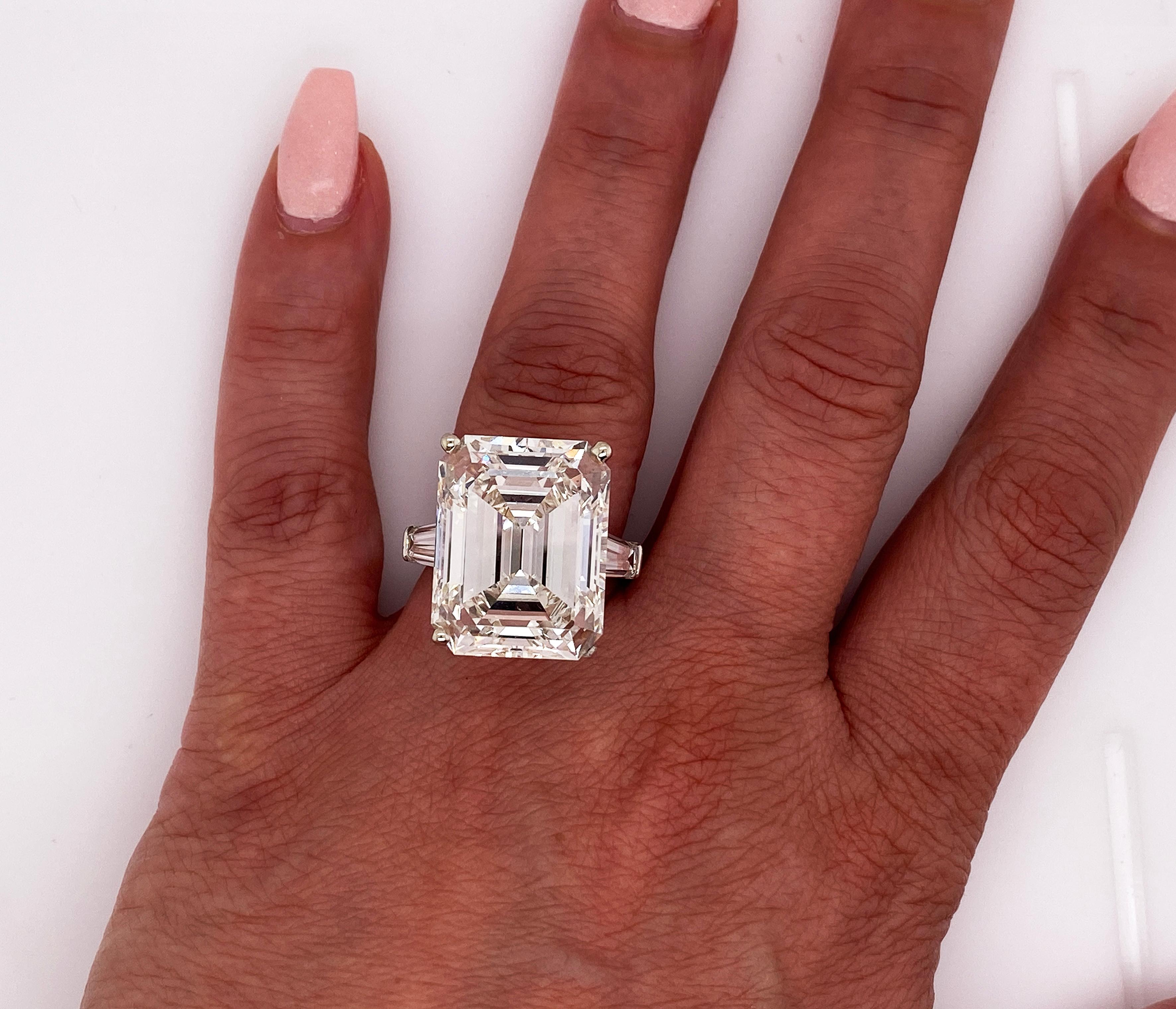 Harry Winston GIA Certified 24.19 carat J color, VS2 Clarity Emerald Cut Ring set in Platinum with two baguette-cut diamonds

An incredible ring by Harry Winston, famous American jeweler. The 24.19 carat diamond center is GIA certified Report #: