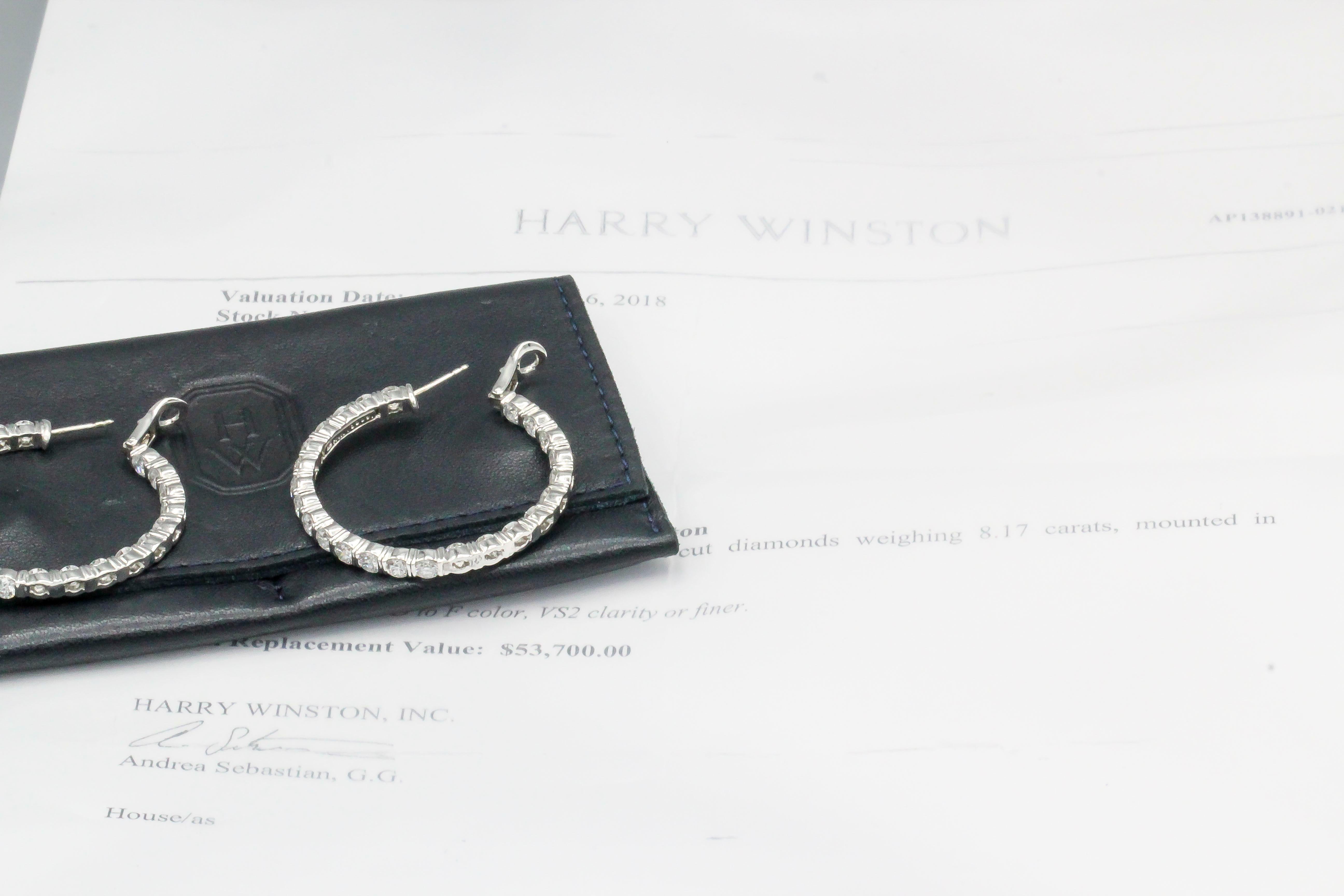 Women's Harry Winston 8.17 Carat Diamond and Platinum Inside Out Hoops Earrings For Sale