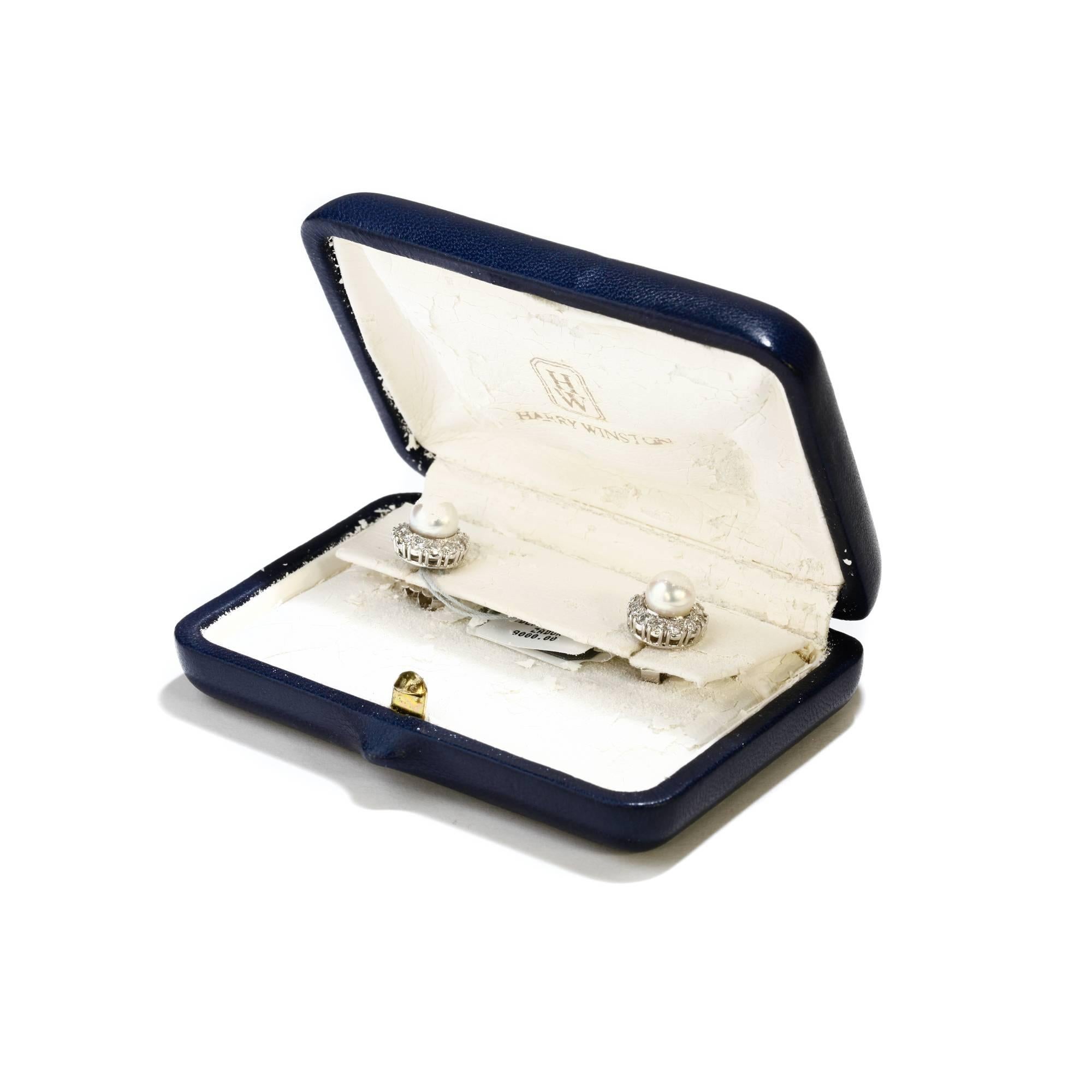 Harry Winston Akoya Pearl and Diamond Earrings Platinum 0.73 Carat Original Box In Excellent Condition In Houston, TX