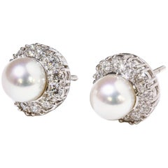 Harry Winston Akoya Pearl and Diamond Earrings Platinum 0.73 Carat Original Box