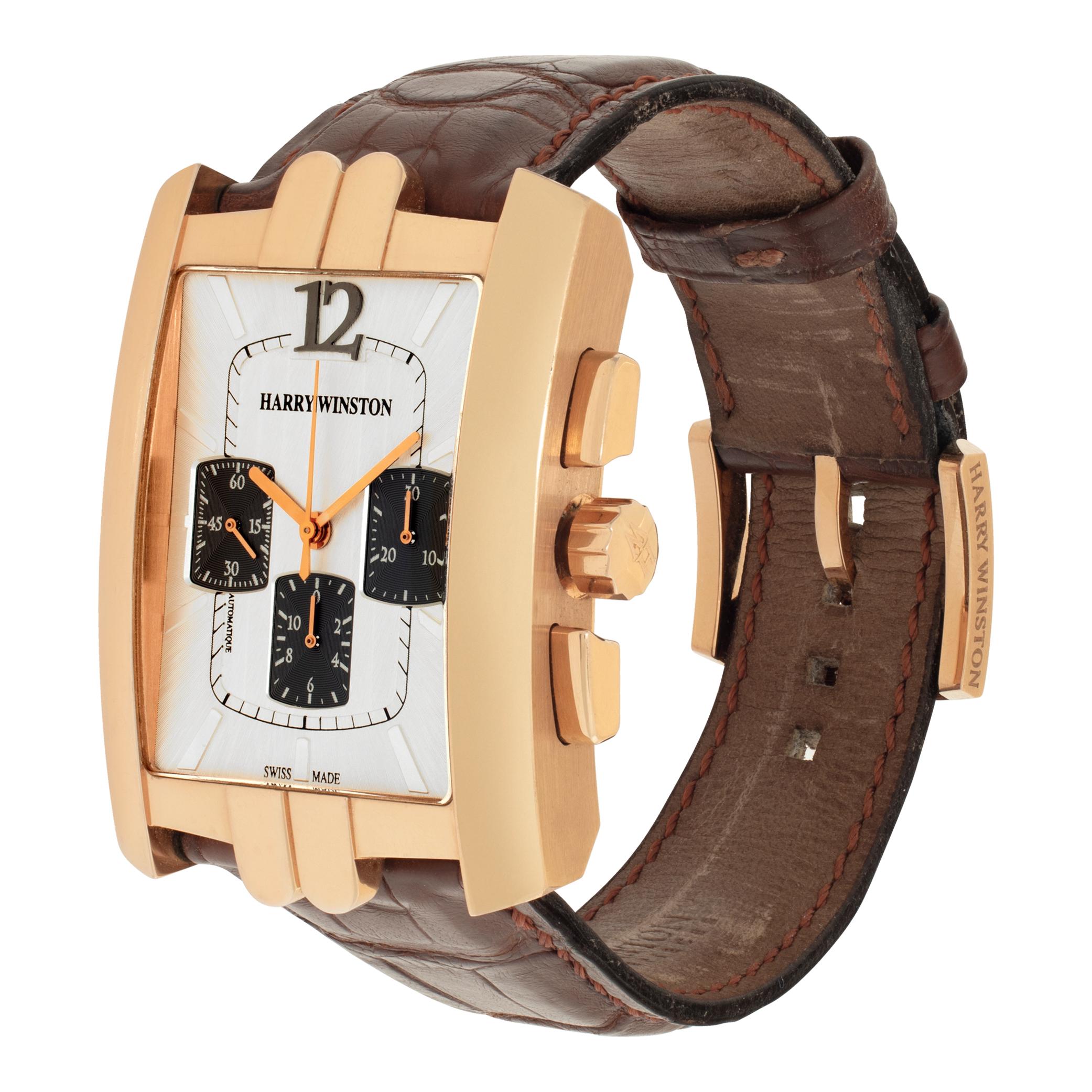 Harry Winston Avenue Chronograph in 18k rose gold on a brown crocodile strap with an 18k rose gold Harry Winston tang buckle. Auto w/ subseconds and chronograph. 43mm (lug to lug) by 32mm long. Ref 330/MCA. Fine Pre-owned Harry Winston Watch.

