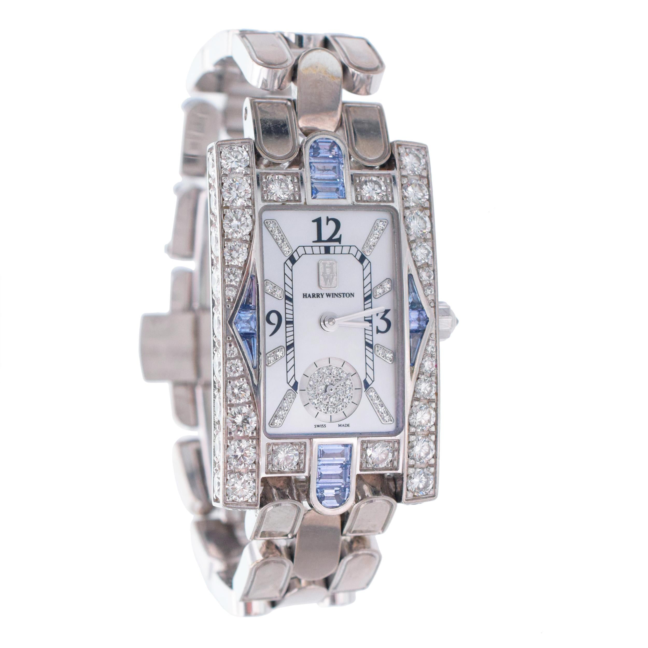Harry Winston' Avenue ' Classic Aurora MOP Diamond And Sapphire Wrist Watch For Sale 3