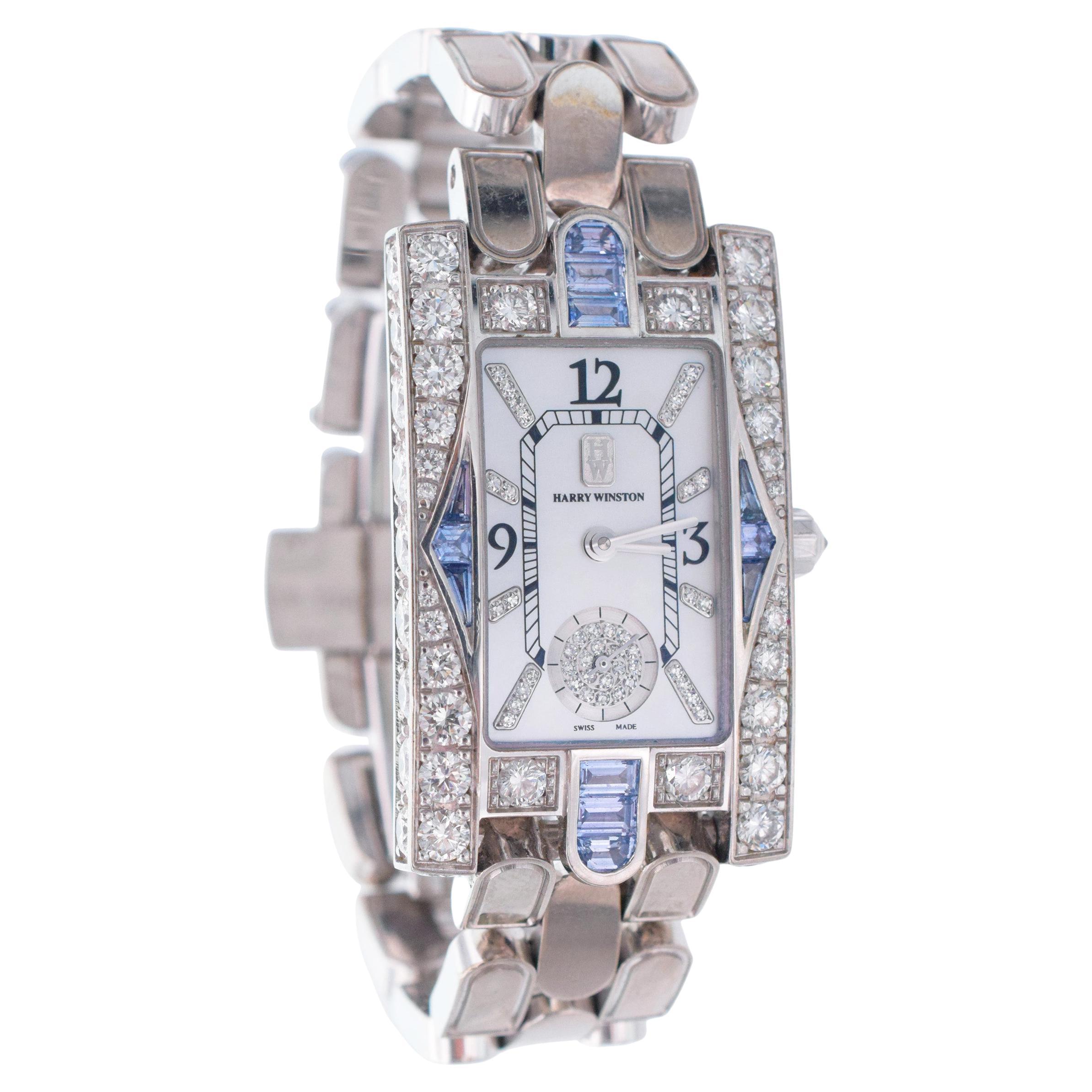 Harry Winston' Avenue ' Classic Aurora MOP Diamond And Sapphire Wrist Watch For Sale