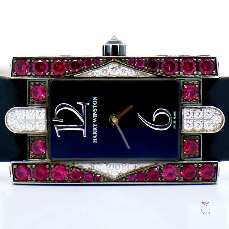 100% All Original, Extremely rare and Magnificent ladies Harry Winston Avenue ladies watch in 18K yellow gold and Black Rhodium fisnish. This gorgeous watch features the iconis rectangular Avenue case inspired by New York's ArtDeco archetcture. The