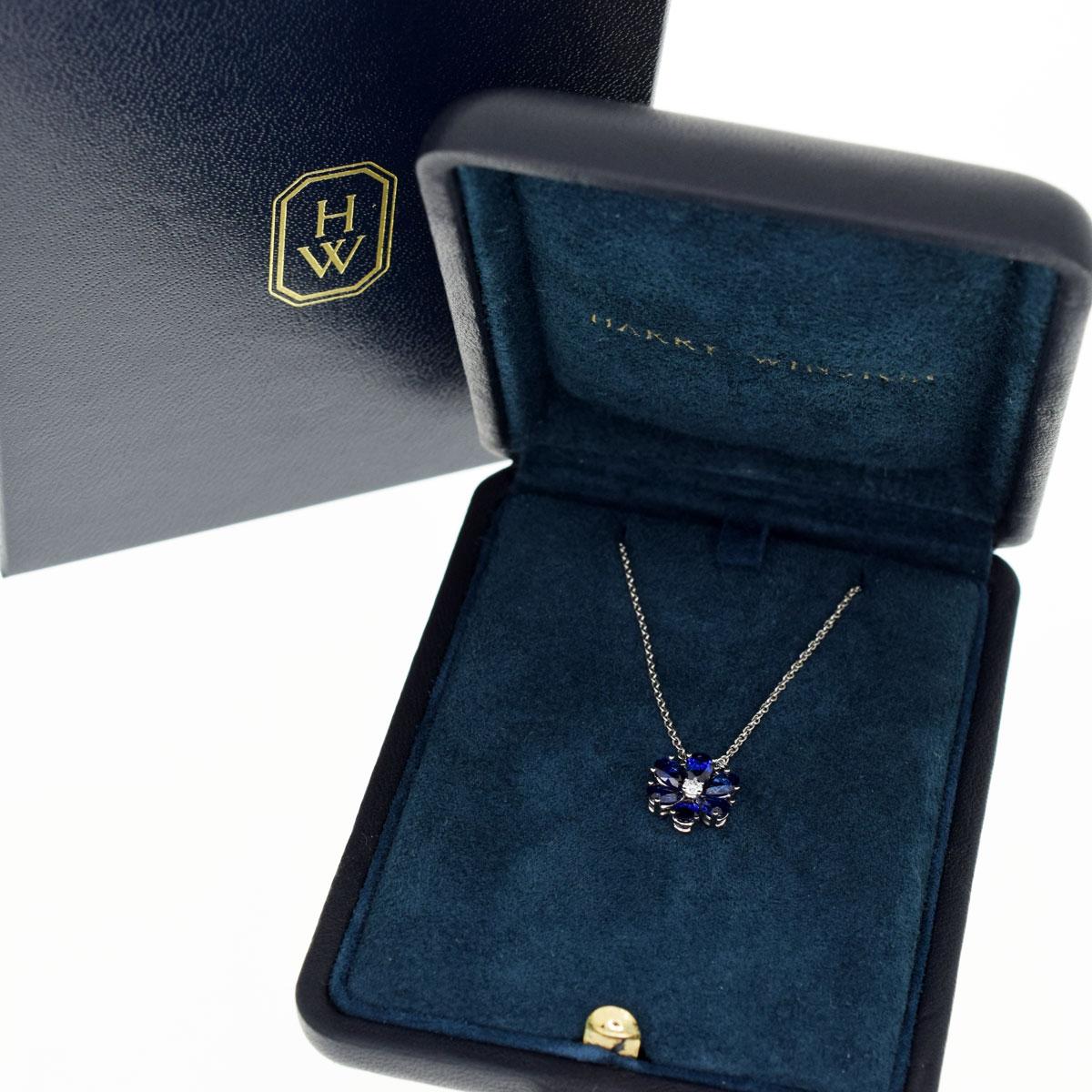 Women's Harry Winston Blue Sapphire Diamond Platinum Forget Me Not HW Pendant Necklace