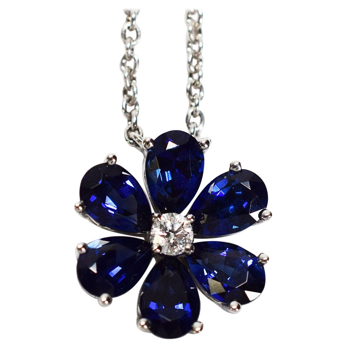 Harry Winston Blue Sapphire Diamond Platinum Forget Me Not HW Pendant Necklace