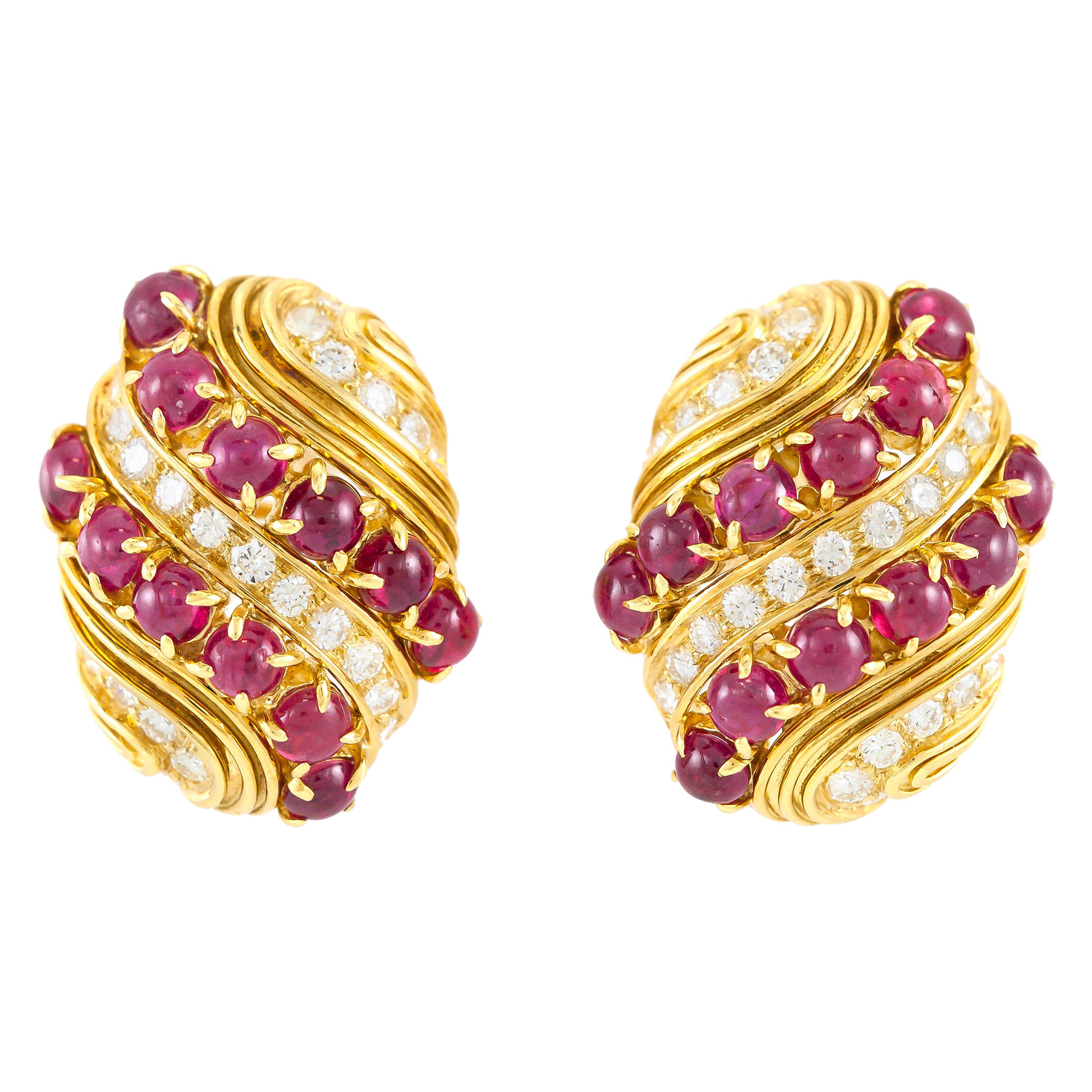 Harry Winston Cabochon Ruby and Diamond Earrings