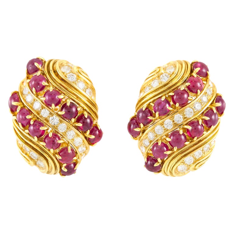 Harry Winston Cabochon Ruby and Diamond Earrings For Sale