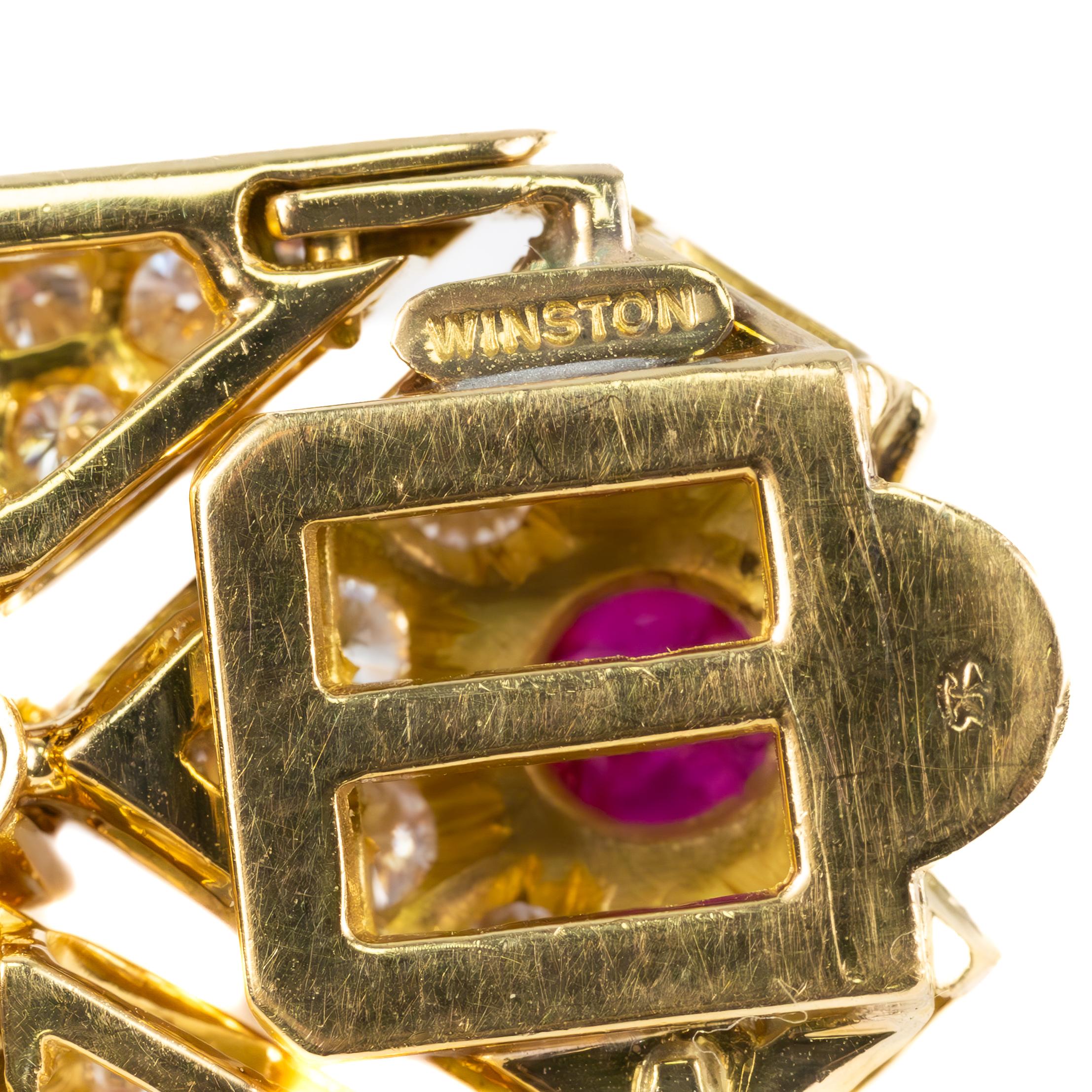 Harry Winston Cabochon Ruby and Diamond Bracelet

A breathtaking creation by Harry Winston, this magnificent bracelet is a masterwork of brilliance and elegance. The piece is exquisitely crafted in rich 18k yellow gold, forming a lattice-like