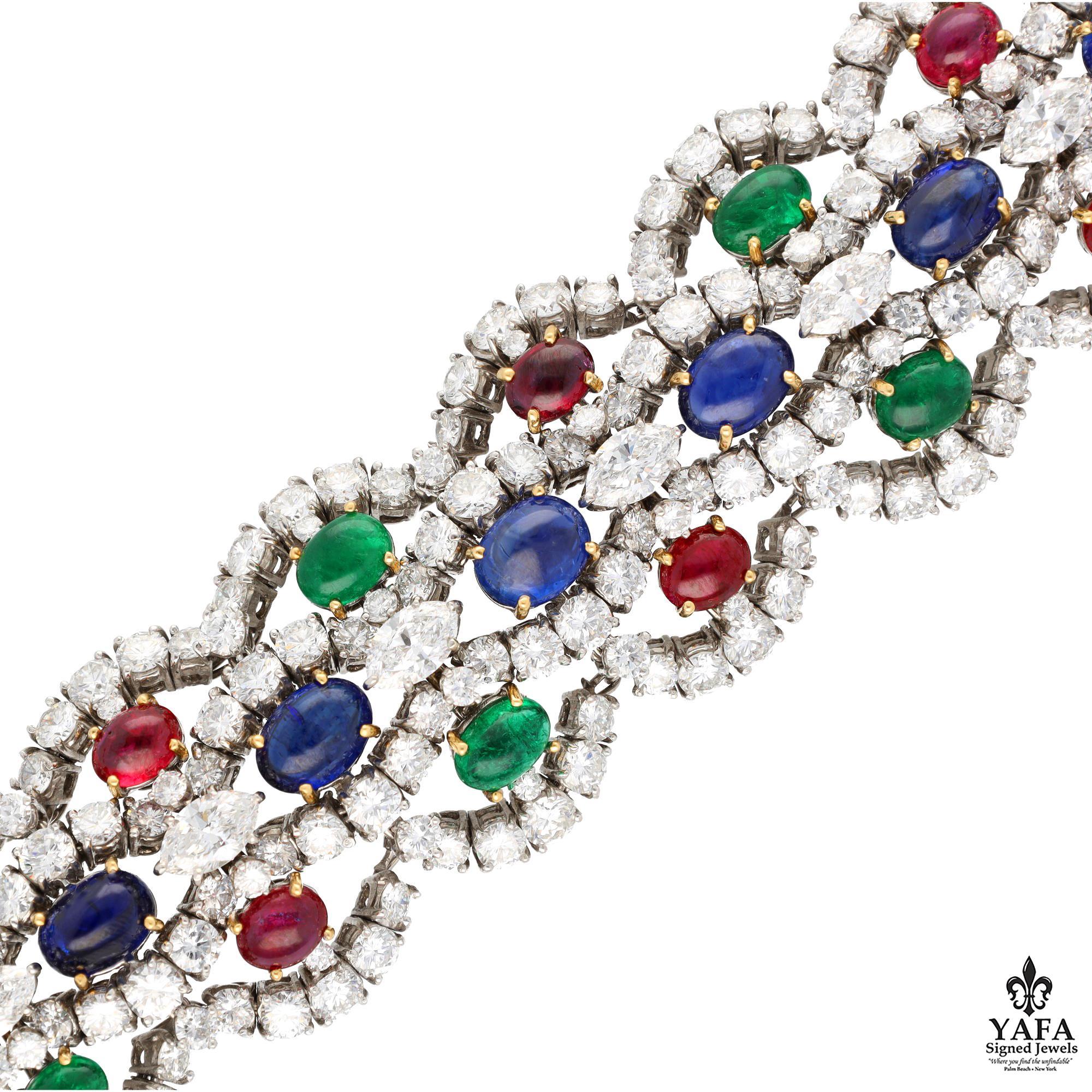 Taille ronde HARRY WINSTON Bracelet cabochon saphir, émeraude, rubis et diamants en vente