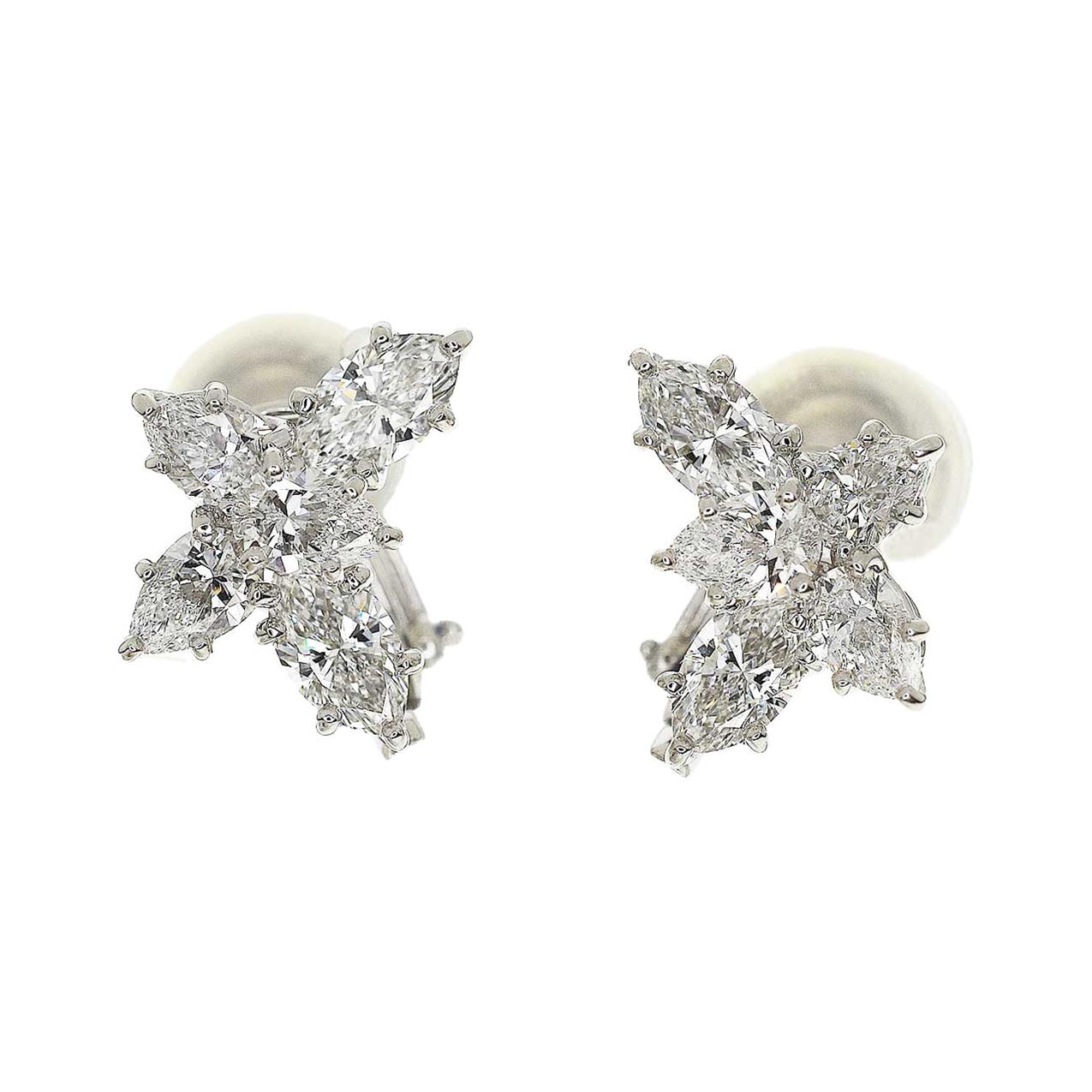 Harry Winston Cluster by HW Marquis Pear Shape Diamond Platinum Earrings
