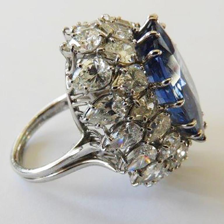 Brilliant Cut Harry Winston Cluster Ceylon Sapphire and Diamond Ring in Platinum Setting