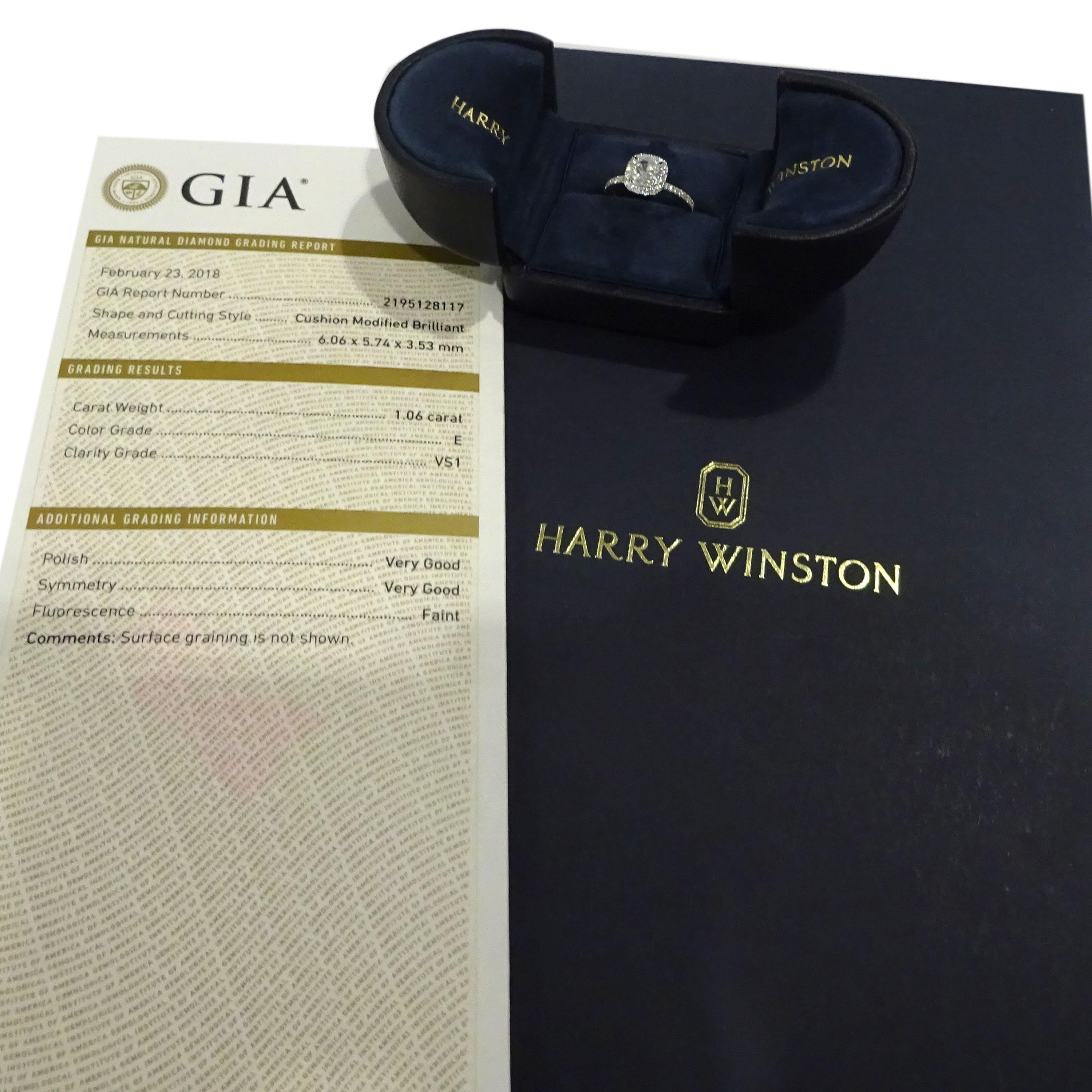 Women's Harry Winston Cushion Diamond Engagement Ring in Platinum E VS1 1.76 Carat