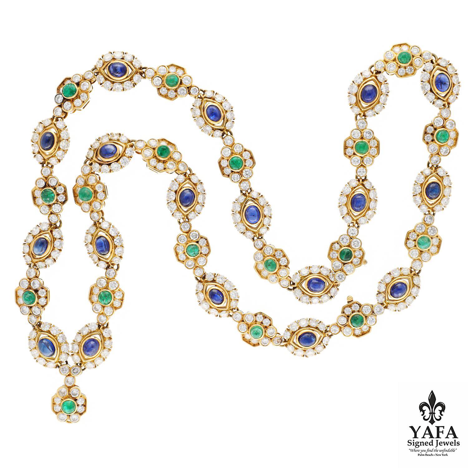 Alternating Cabochon Sapphires and Emeralds Encircled with White Diamonds, This Singularly Exception Necklace/Bracelet is an Outstanding Illustration of the Artistry Displayed by Harry Winston. Wearable as Matinee or Princess Length Sans the
