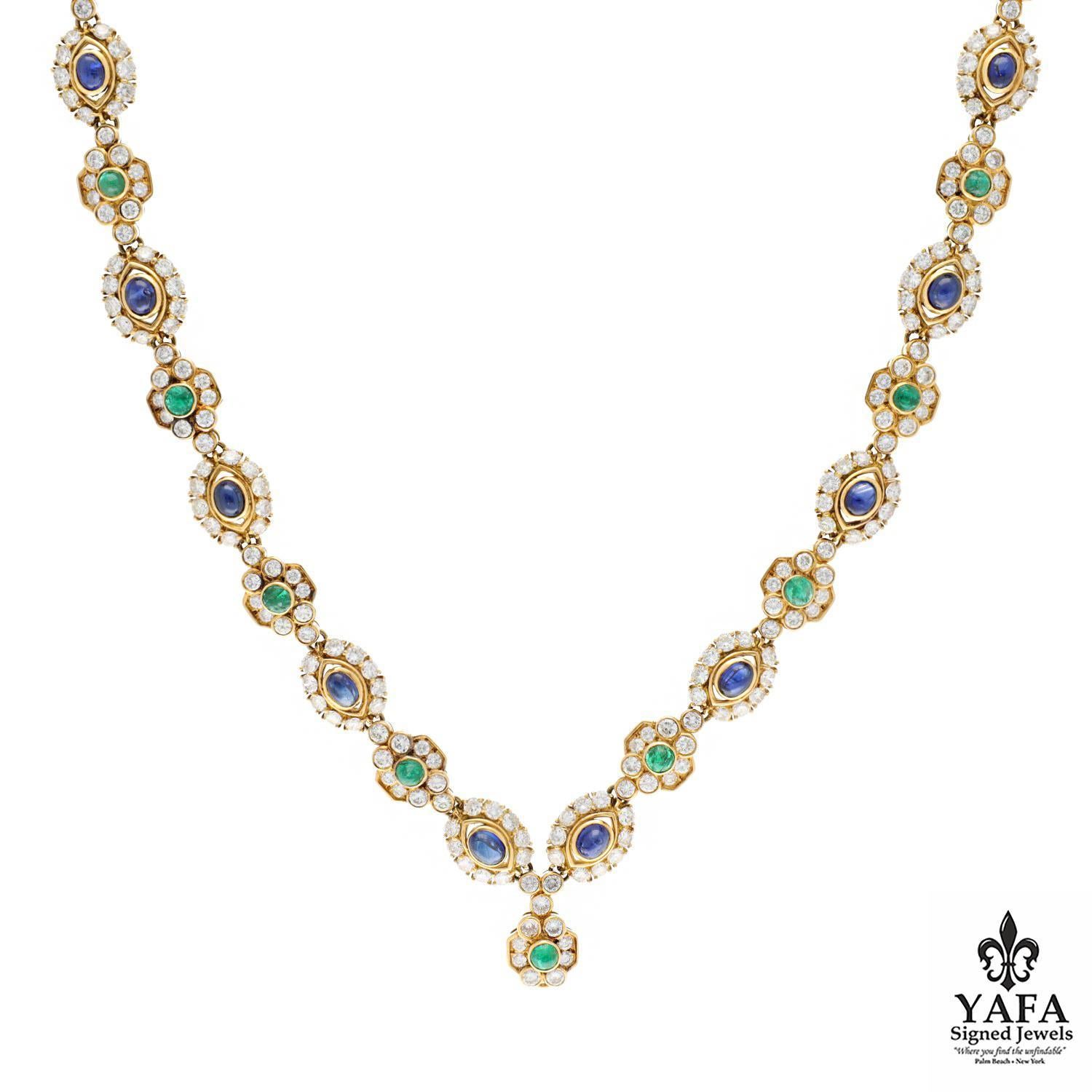 Round Cut Harry Winston Diamond and Cabochon Sapphire, Emerald Necklace/Bracelet For Sale