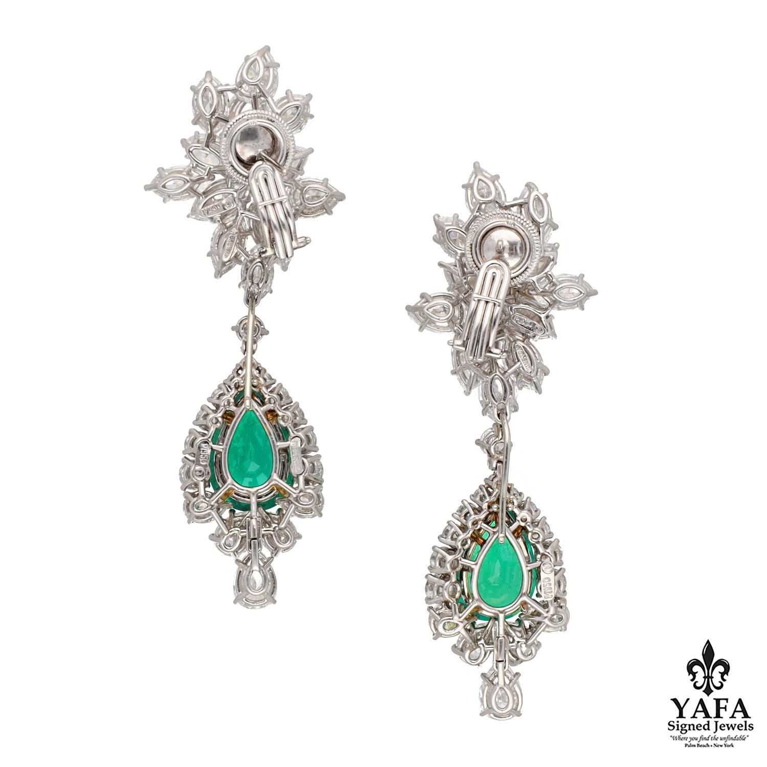 Pear Cut HARRY WINSTON Diamond and Emerald Ear Clips For Sale
