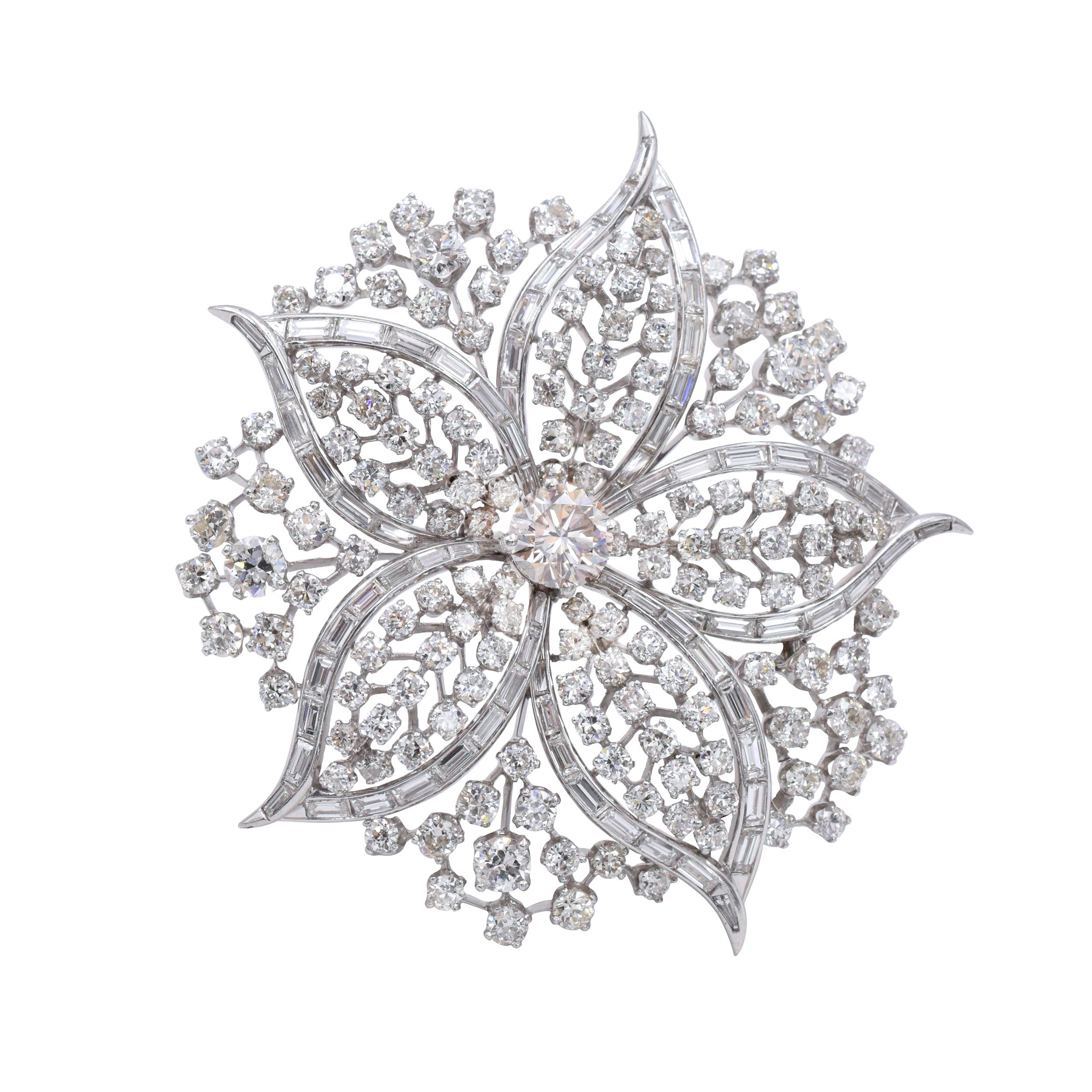 Harry Winston Diamond Flower brooch. This brooch has about 230 diamonds, including the center stone, weighting approximately 20carats , all set in platinum The center diamond is about 1.50carats.
 Signed Winston. 
Measurements: about 2.25 inches by