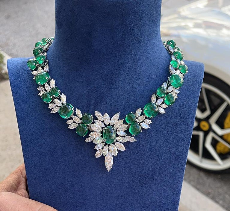 Harry Winston Diamond, Cabochon Emerald Necklace For Sale at 1stDibs