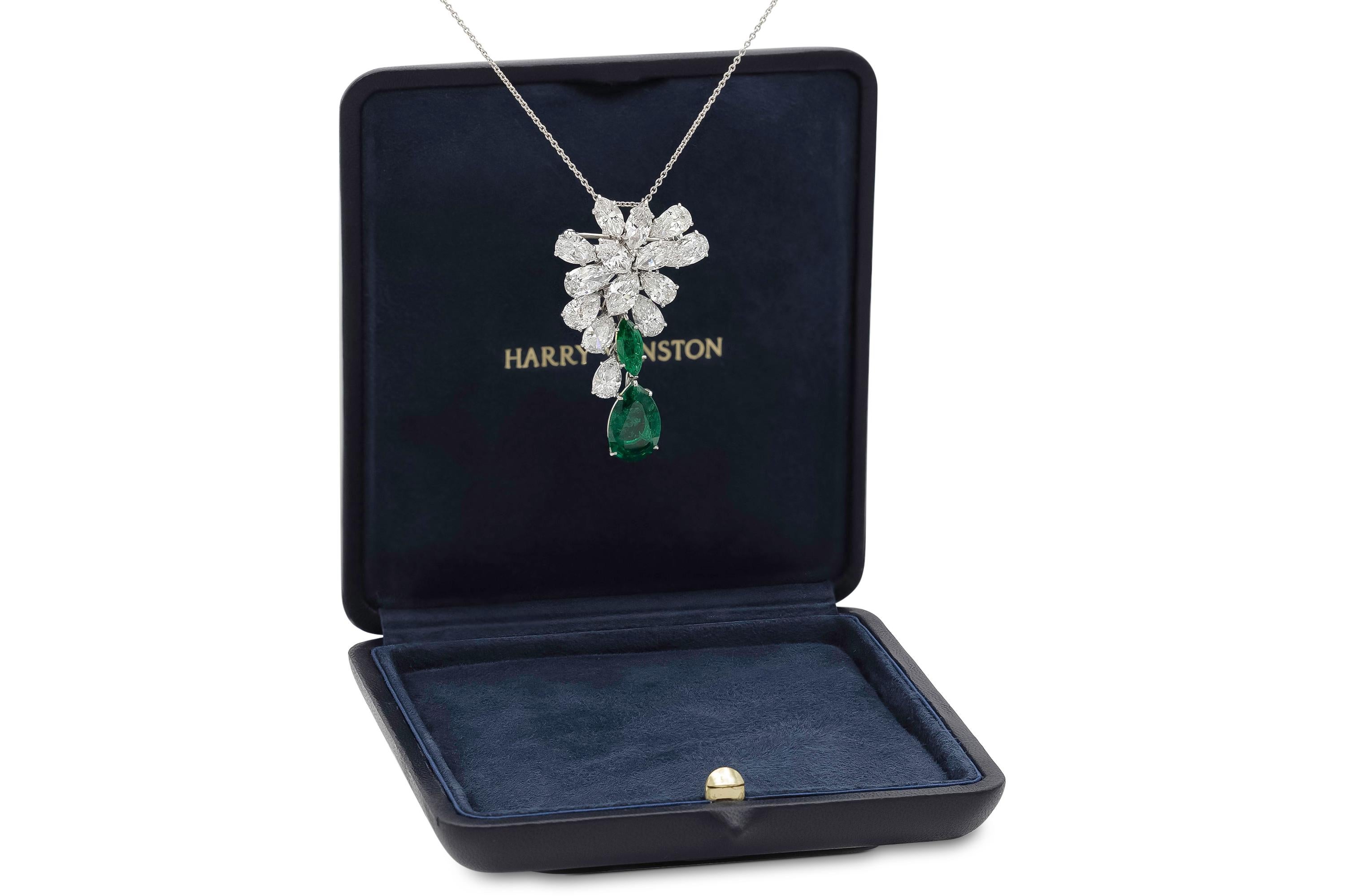 Harry Winston Diamant-Cluster- und birnenförmige Smaragd-Tropfen-Brosche/Anhänger Damen im Angebot