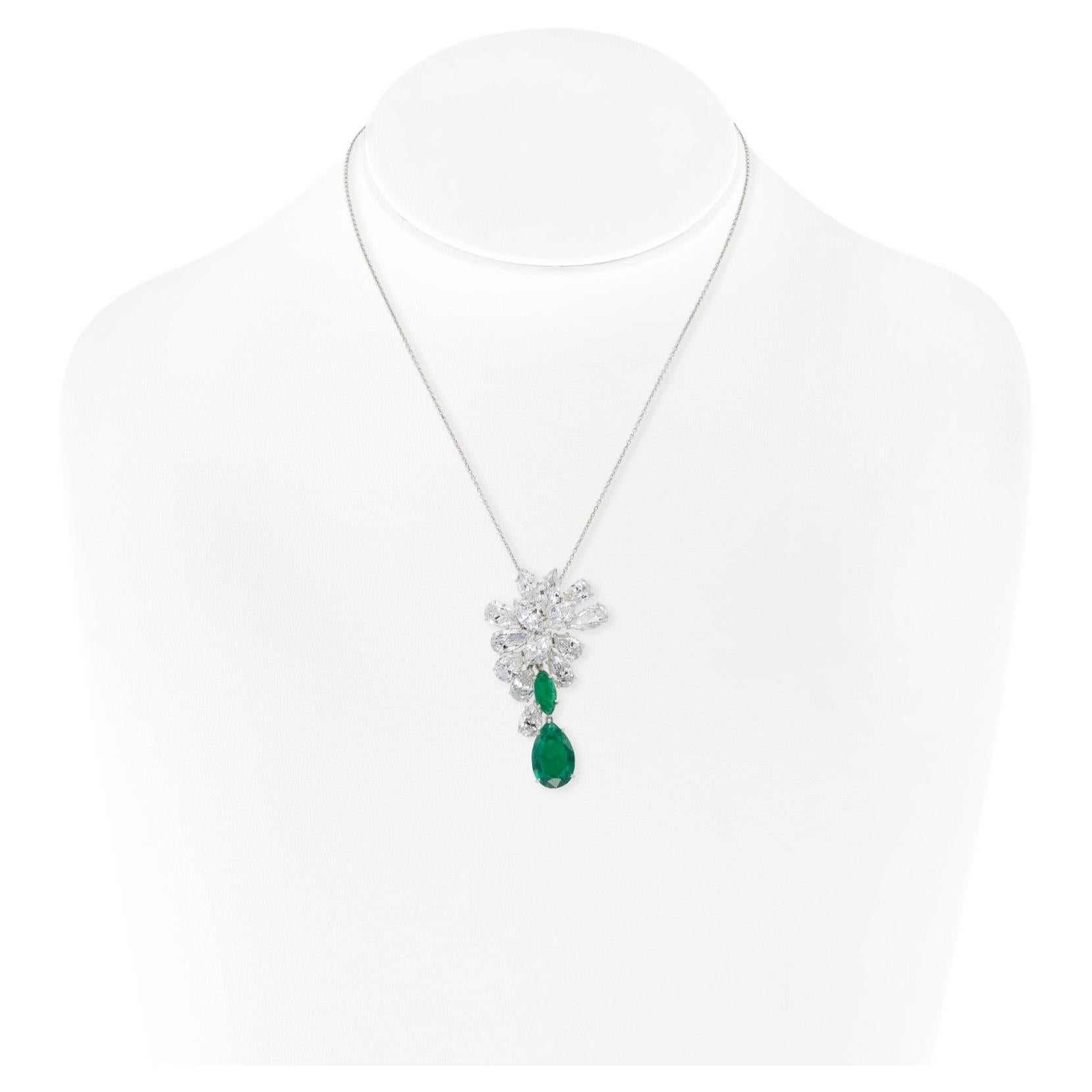 Harry Winston Diamond Cluster and Pear Shaped Emerald Drop Brooch/Pendant For Sale