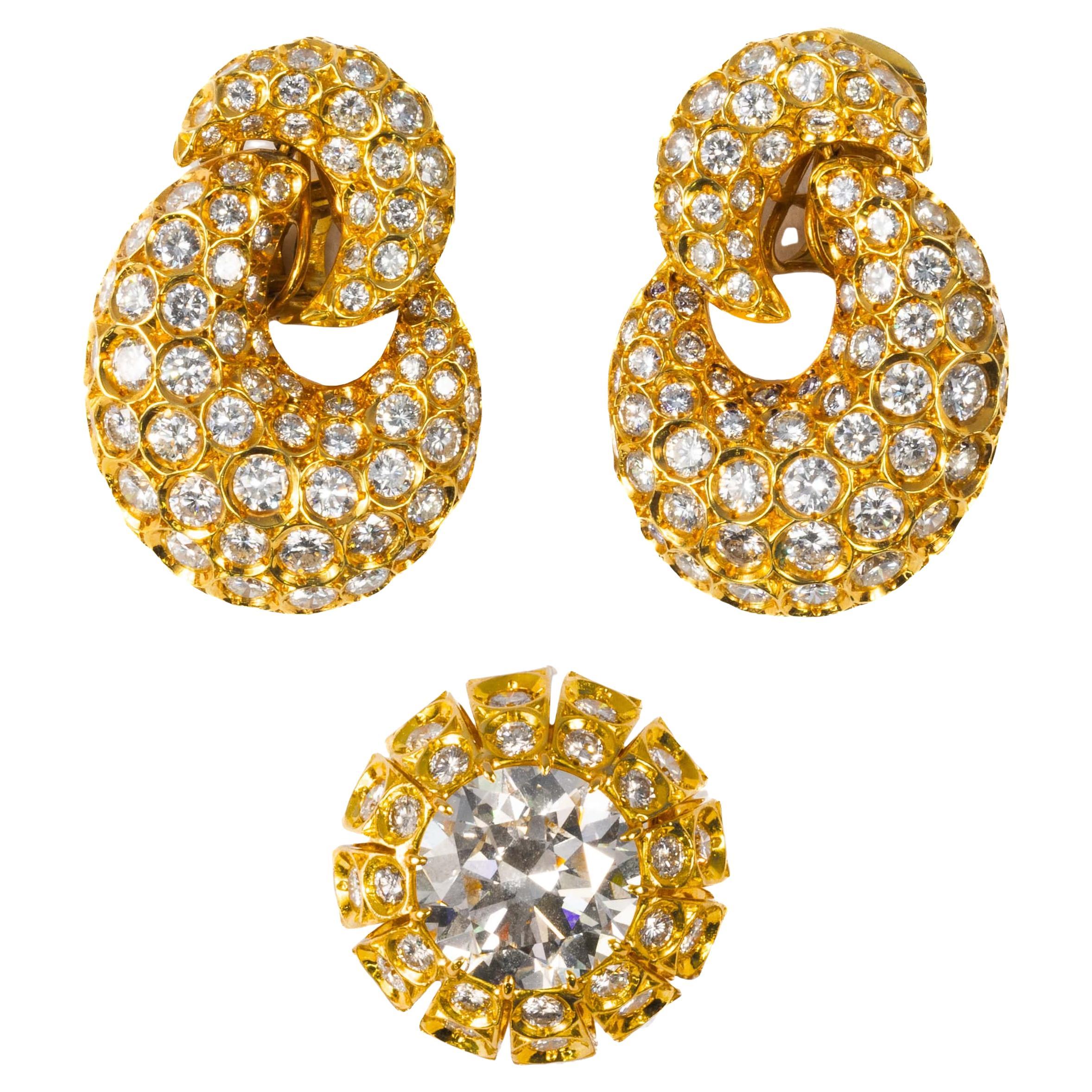 Harry Winston Diamond Door Knocker Earrings & Dome Ring Set For Sale