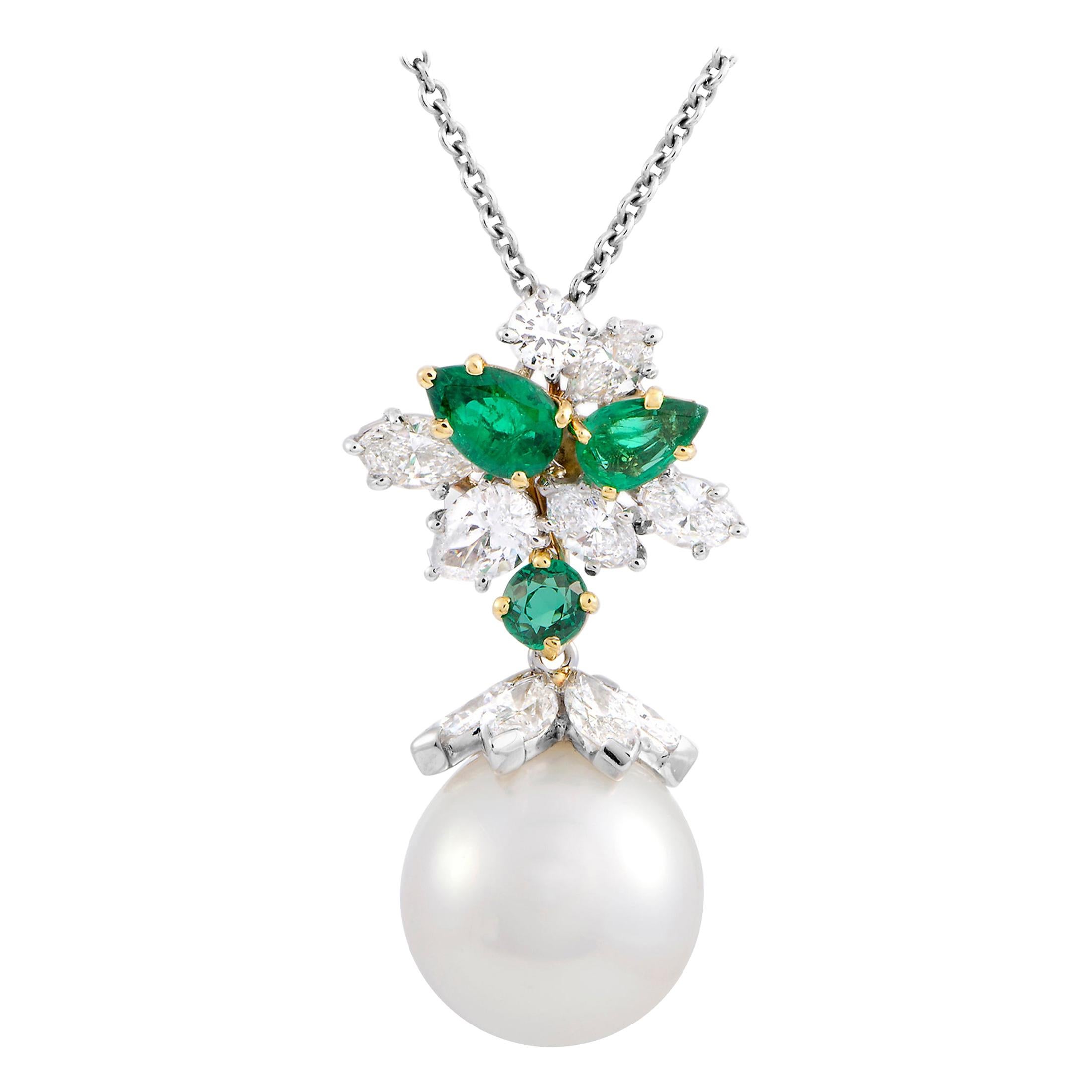 Harry Winston Diamond, Emerald and Pearl Platinum Dangle Pendant Chain Necklace