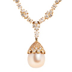 Harry Winston Diamond Flower Necklace with Cultured Pearl Drop