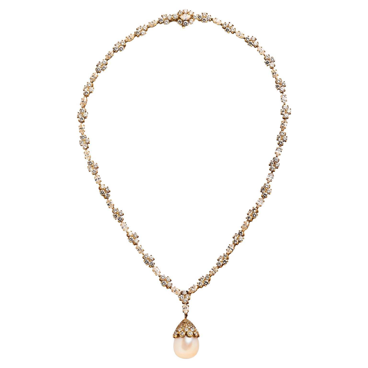 Harry Winston Diamond Flower Necklace with Cultured Pearl Drop